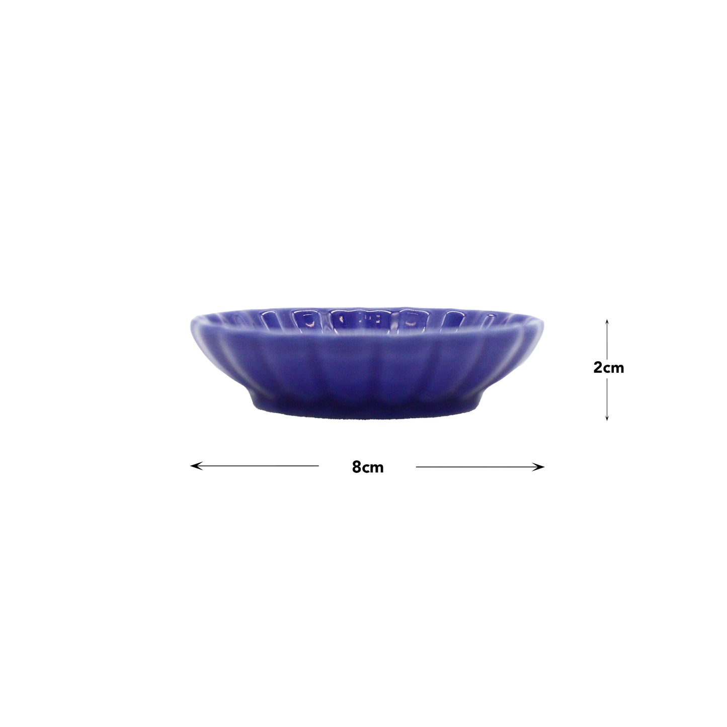 
                  
                    The Soy Sauce Dish - Chrysanthemum Blue is a small, round ceramic dish with scalloped edges and a subtle chrysanthemum pattern, measuring 8 cm wide by 2 cm high, shown on a white background.
                  
                