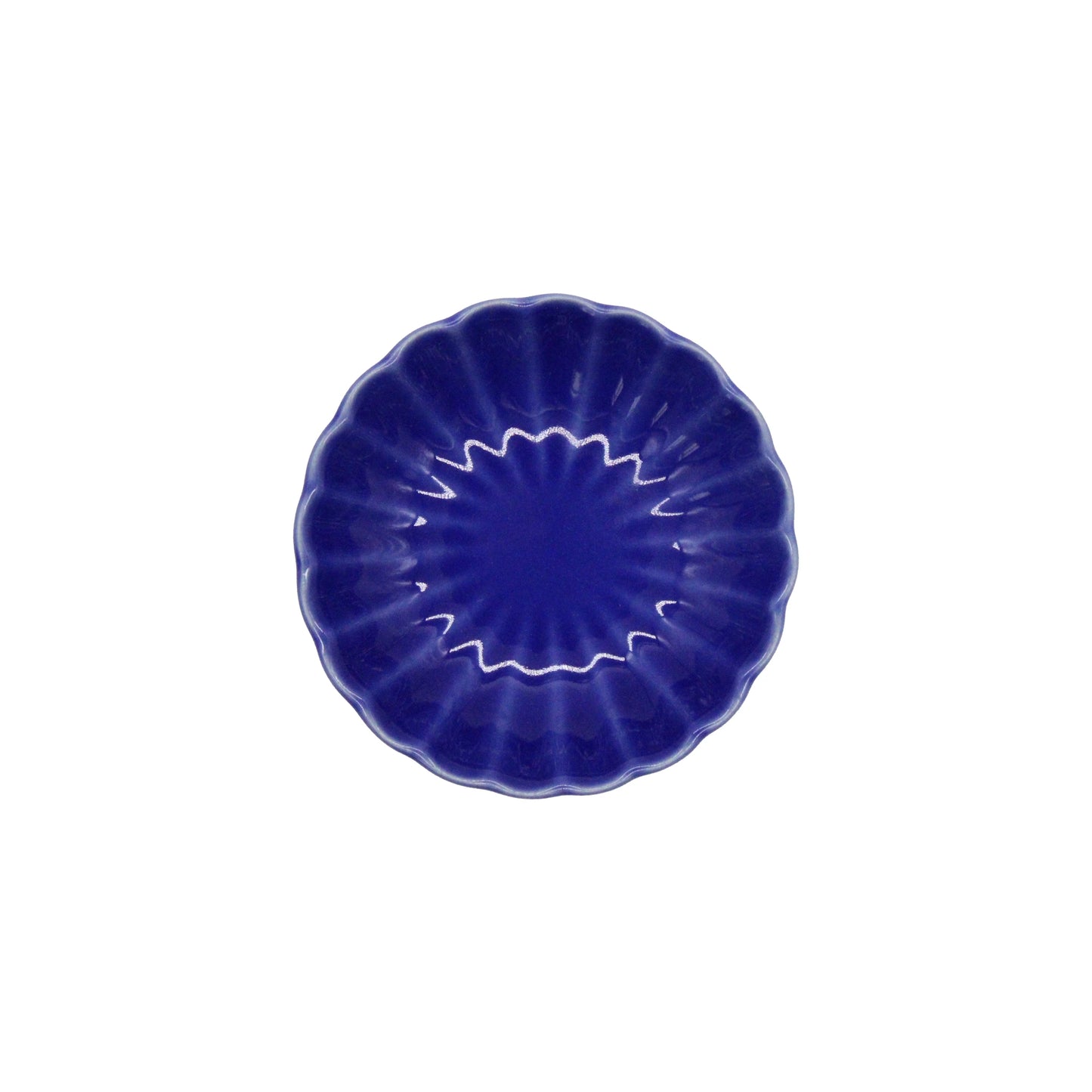 The Soy Sauce Dish - Chrysanthemum Blue features a round shape with scalloped edges, handcrafted in Japan. It is shown from above on a plain white background.