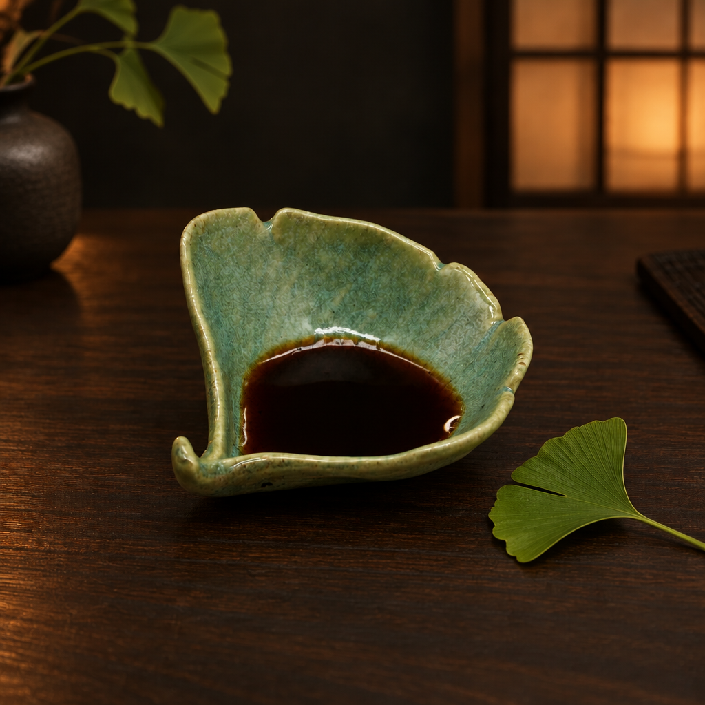 
                  
                    A Soy Sauce Dish - Gingko Leaf made of Minoyaki porcelain containing dark soy sauce, with a single ginkgo leaf resting on the table.
                  
                