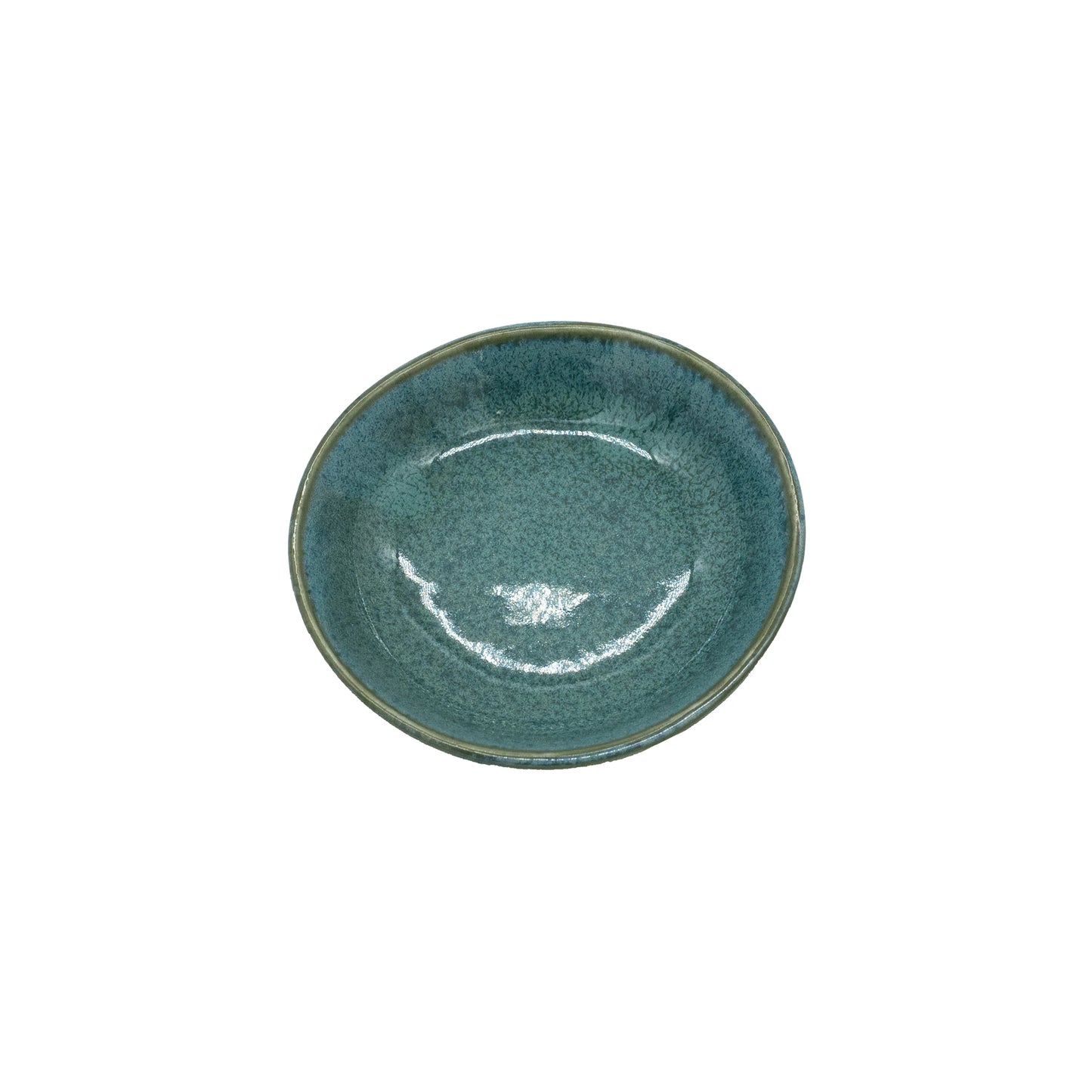 The Soy Sauce Dish - Peacock is a round, shallow Minoyaki porcelain bowl with a textured, glossy teal glaze, handcrafted by artisans in Japan and displayed from above on a white background.