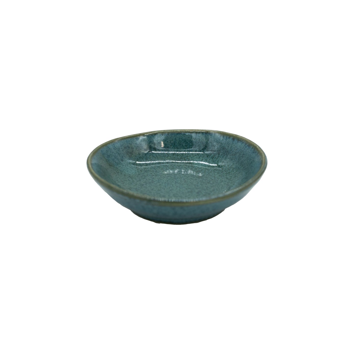 The Soy Sauce Dish - Peacock is a small, round Minoyaki porcelain dish with a greenish-blue glaze, expertly crafted by Japanese artisans and displayed against a white background.