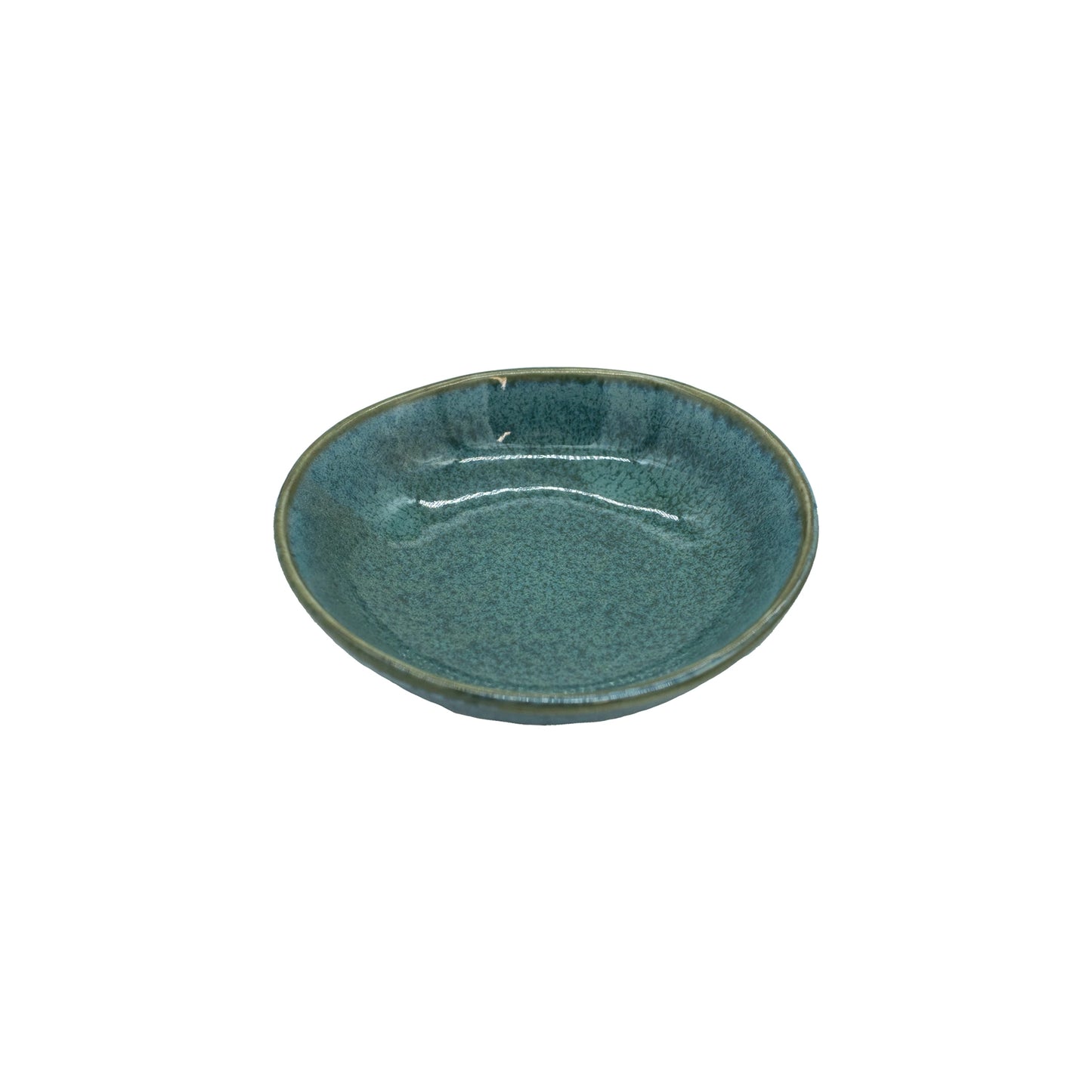 
                  
                    The Soy Sauce Dish - Peacock is a small, round Minoyaki porcelain dish with a mottled green glaze and slightly raised edges, handcrafted in Japan and shown on a white background.
                  
                