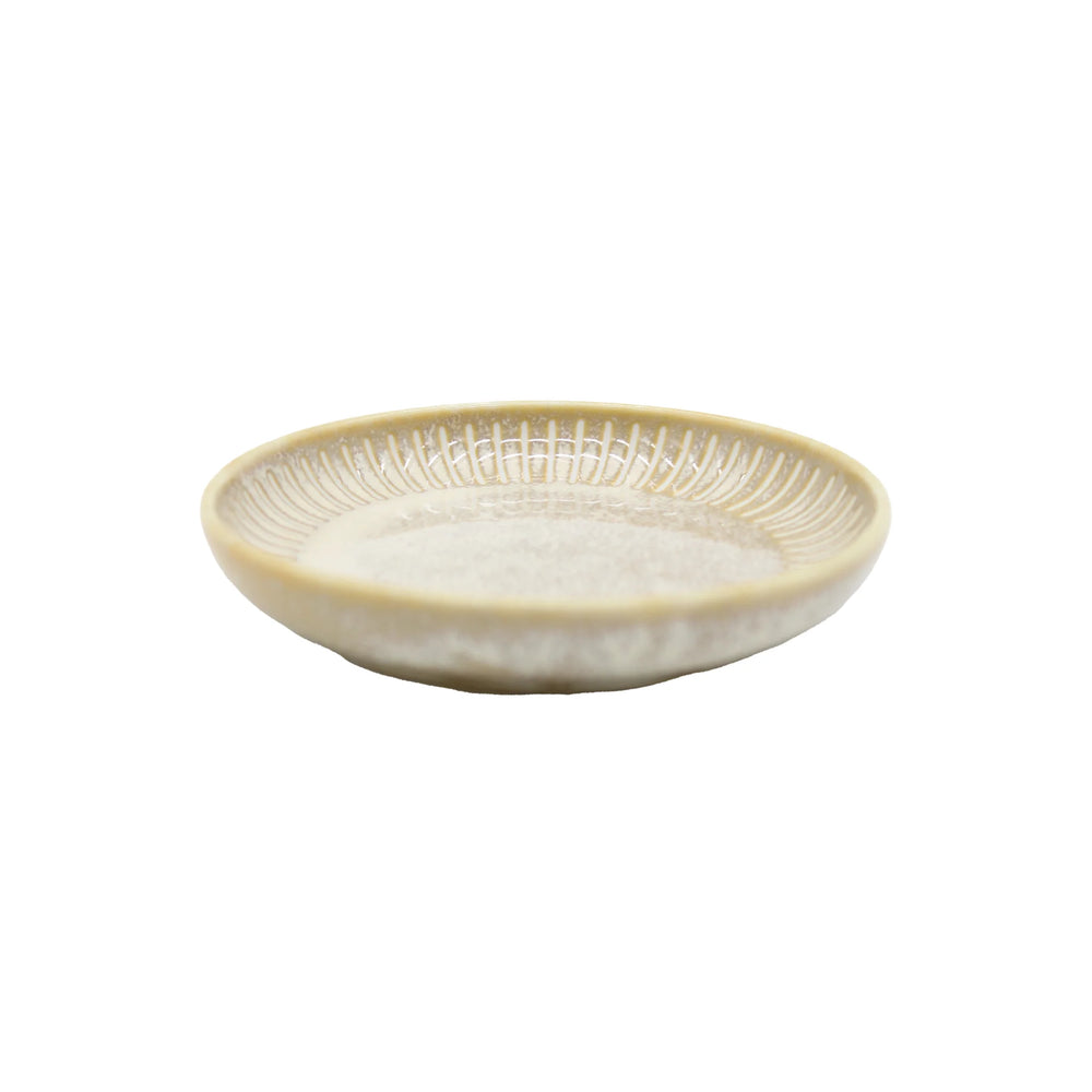 The Soy Sauce Dish - Ridged Alabaster is a shallow, round Minoyaki porcelain plate with a beige rim and subtle textured pattern, shown on a white background.