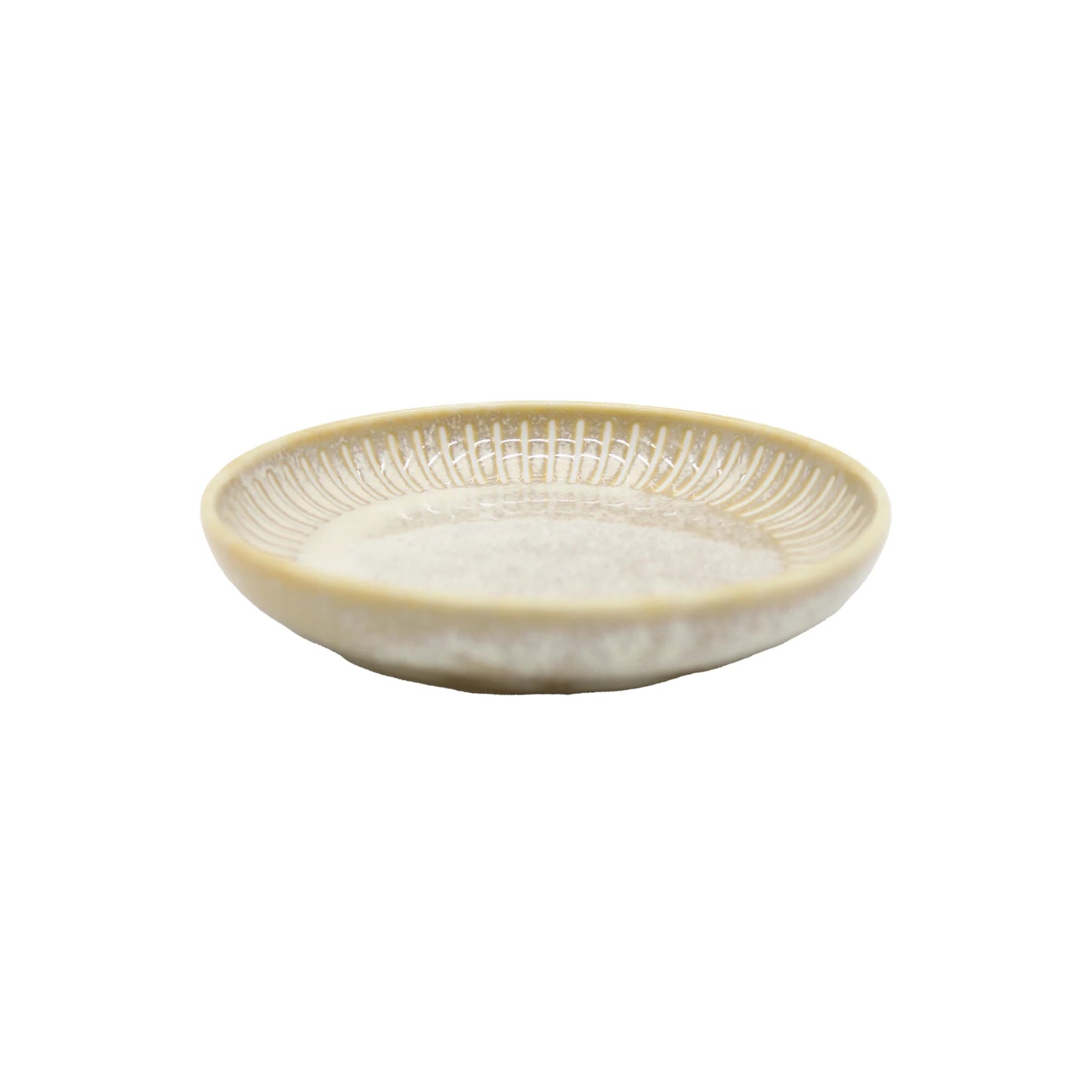 The Soy Sauce Dish - Ridged Alabaster is a shallow, round Minoyaki porcelain plate with a beige rim and subtle textured pattern, shown on a white background.