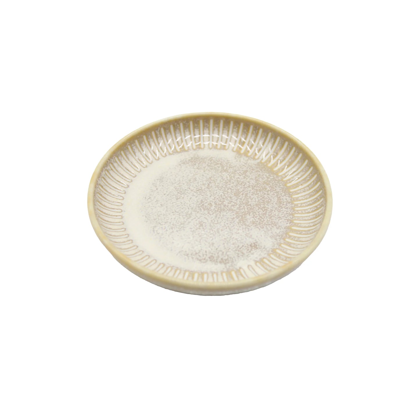 
                  
                    The Soy Sauce Dish - Ridged Alabaster is a round, shallow beige plate with a textured rim, crafted from Minoyaki porcelain and inspired by traditional Gifu prefecture ceramics. Displayed on a white background.
                  
                