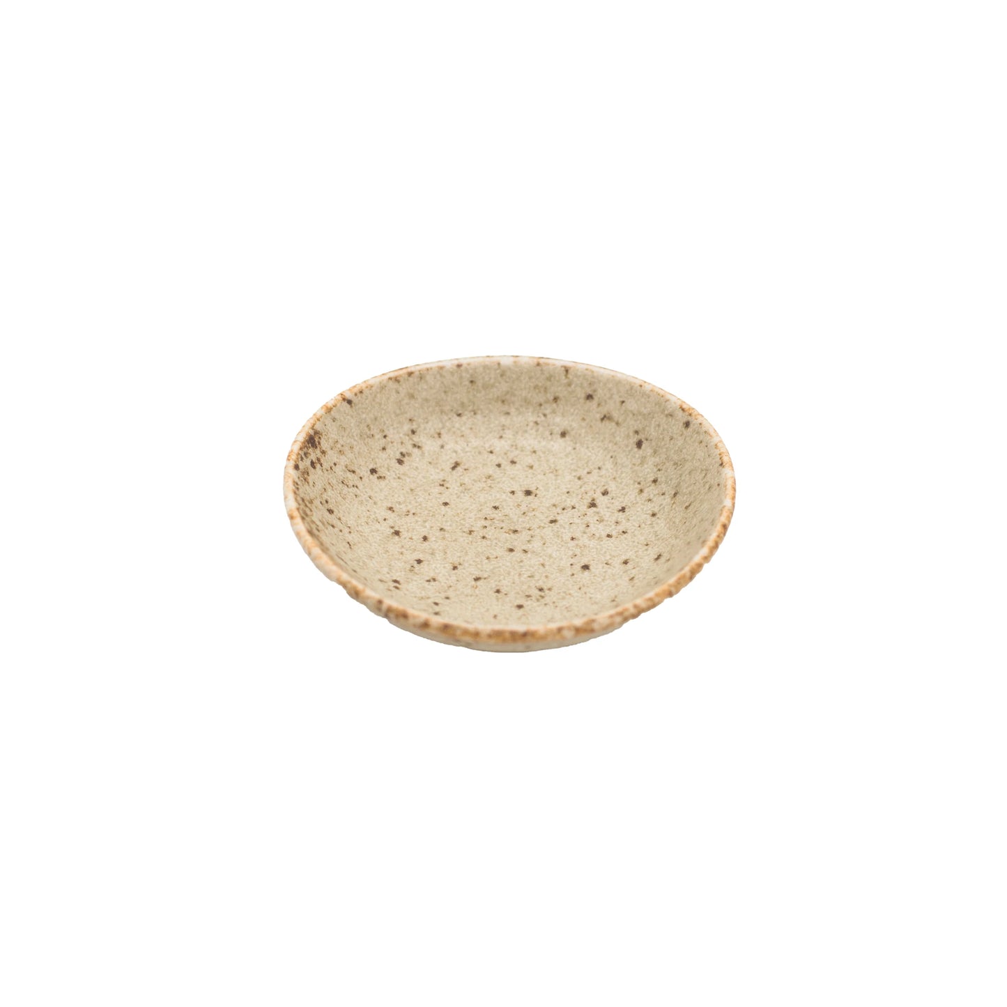 The Soy Sauce Dish - Sand Fade is a small, round, speckled beige ceramic dish with a subtle sand fade color, made in Japan and shown against a white background.