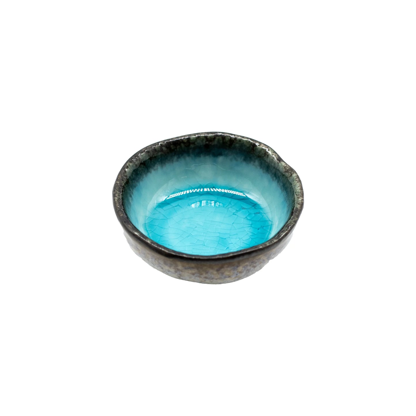 
                  
                    The Soy Sauce Dish - Sky Blue & Black features a textured dark exterior and glossy sky blue interior, perfect for serving dipping sauces. Shown on a white background.
                  
                