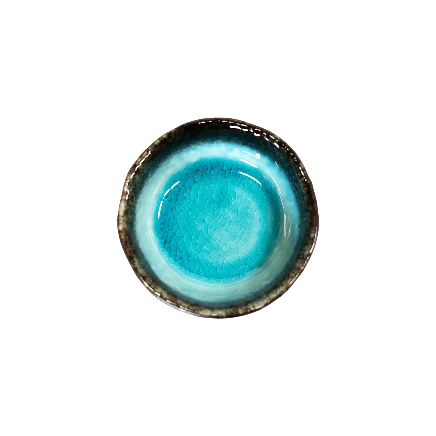 The Soy Sauce Dish - Sky Blue & Black is a round Minoyaki porcelain bowl with a turquoise glazed interior and textured, cracked pattern, perfect for serving dipping sauces. Seen from above against a white background.