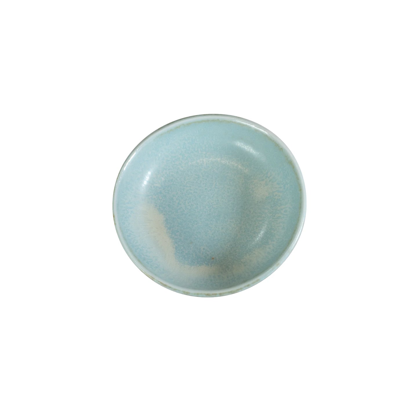 The Soy Sauce Dish - Soda Blue is a small, round Minoyaki porcelain bowl in light blue with a subtle mottled pattern, perfect for dipping sauces. Shown from above on a white background.