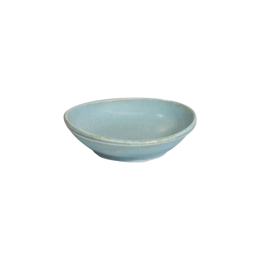 The Soy Sauce Dish - Soda Blue is a shallow, round Minoyaki porcelain bowl in light blue with a smooth surface, perfect for serving dipping sauces. Shown against a plain white background.