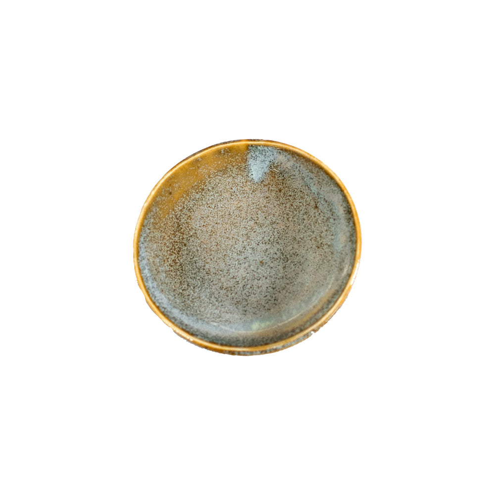 The Soy Sauce Dish – Steel Grey is a round Minoyaki porcelain plate with a speckled blue-gray surface and brown rim, shown from above on a white background; ideal for serving sauces.