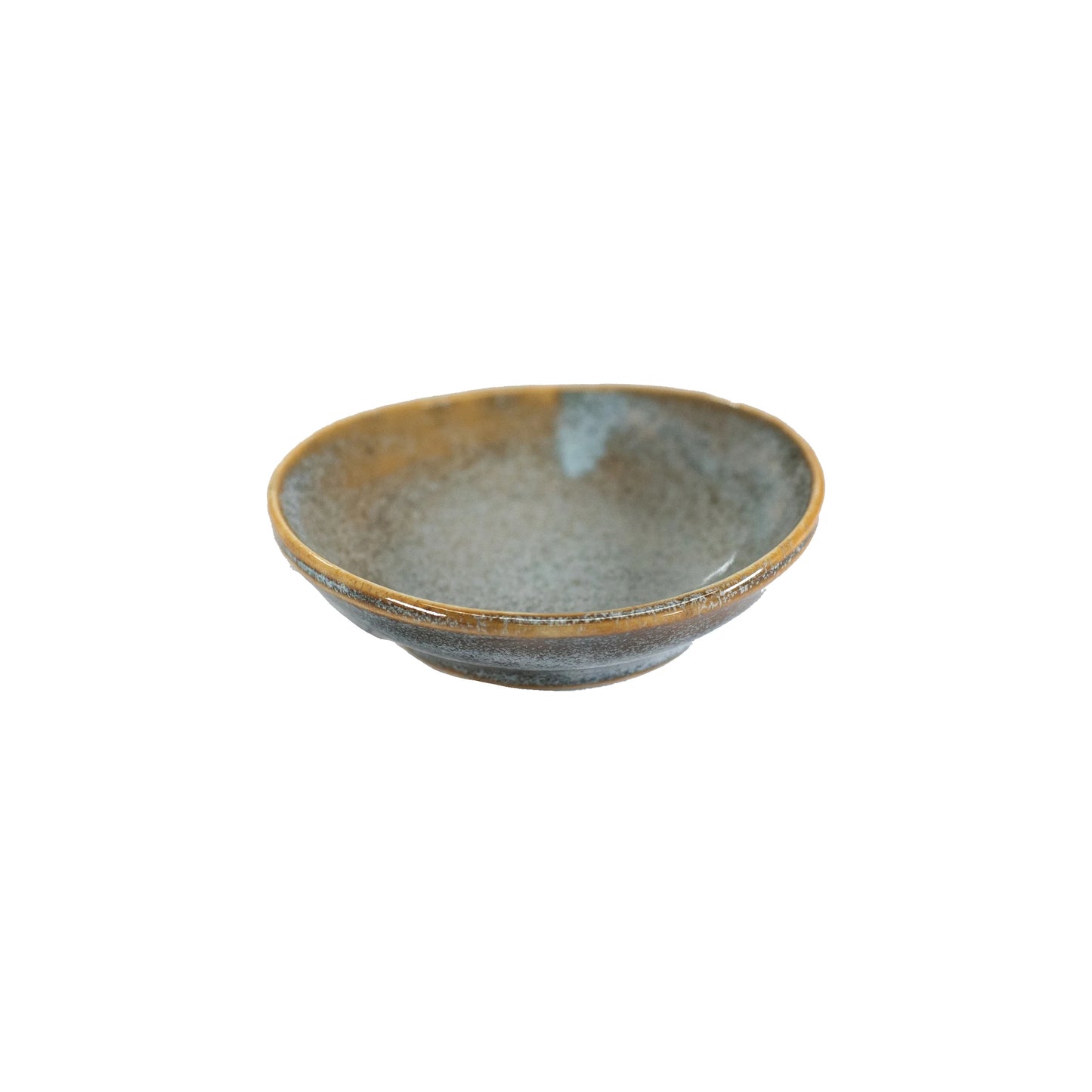 The Soy Sauce Dish - Steel Grey is a small, round Minoyaki porcelain piece with a textured blue-gray surface and brown rim by Taka kiln, shown on a white background.