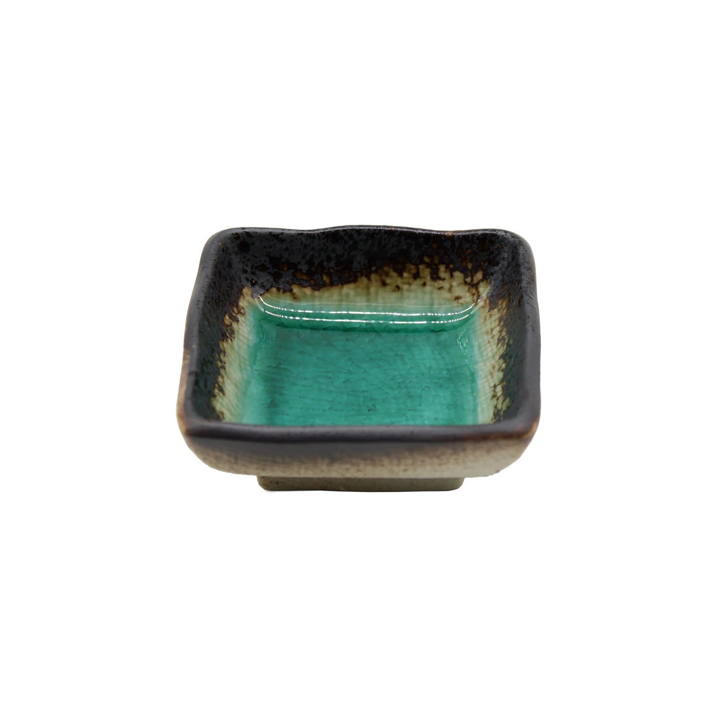 Soy Sauce Dish - Square in Turquoise Blue: features a glossy turquoise center and dark brown rim, shown against a plain white background.