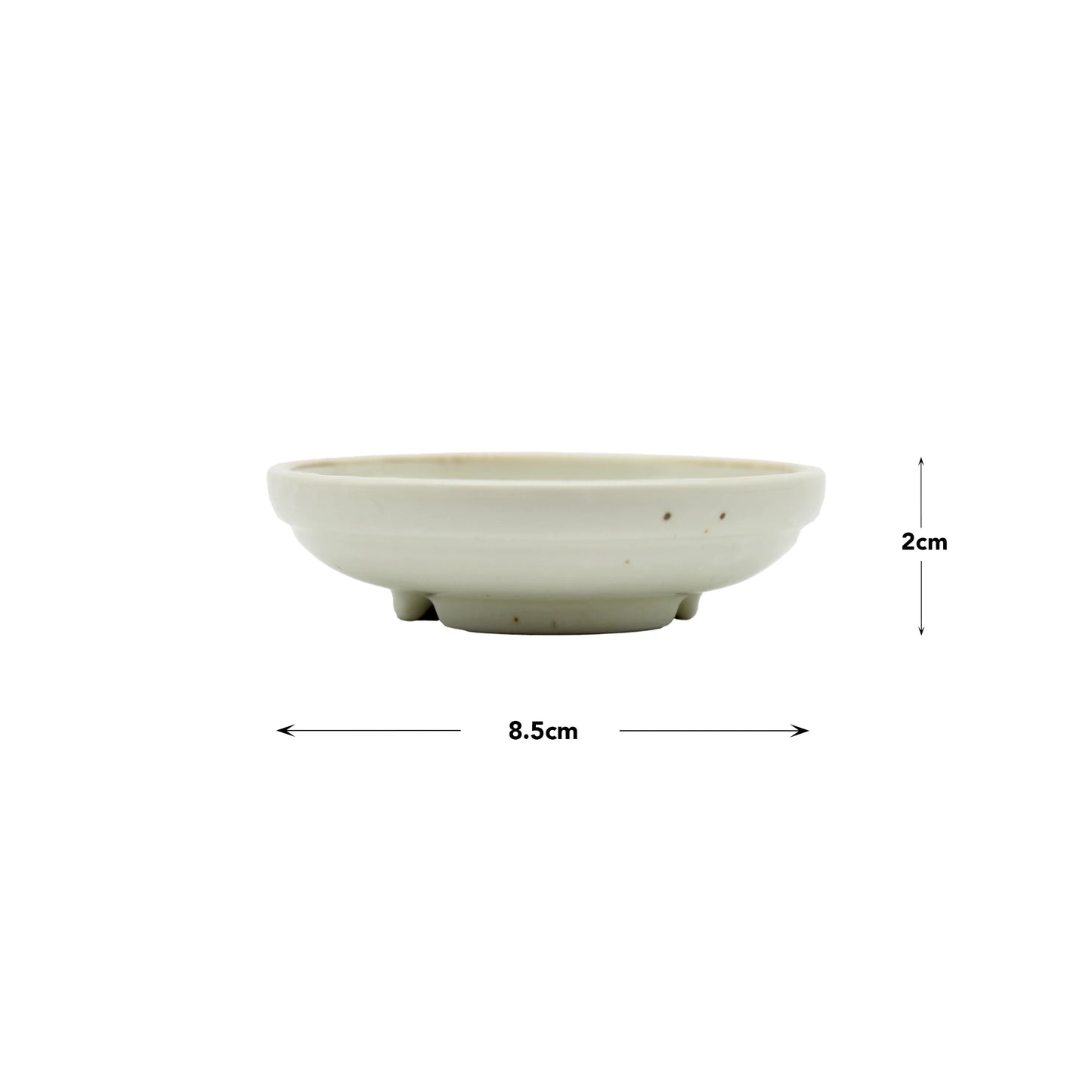 The Soy Sauce Dish - White Kohiki Vortex is a small, round, shallow ceramic dish inspired by Japanese pottery, measuring 8.5 cm in diameter and 2 cm in height, shown from the side with labeled dimensions.
