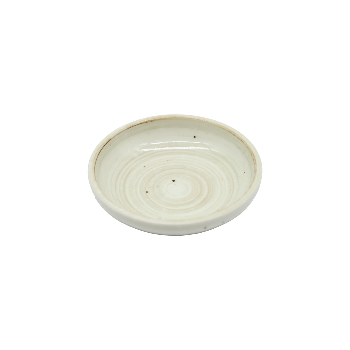 
                  
                    The Soy Sauce Dish - White Kohiki Vortex is a small, round, off-white ceramic dish with a slightly raised edge and a subtle vortex design inspired by traditional Japanese pottery.
                  
                