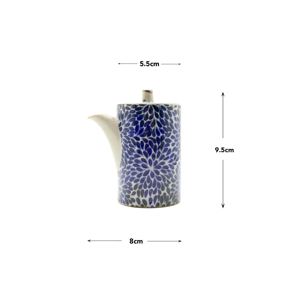 A Soy Sauce Pourer - Blue Peony - 8.5cm is shown against a white background with measurement arrows, highlighting its elegant Minoyaki porcelain design.