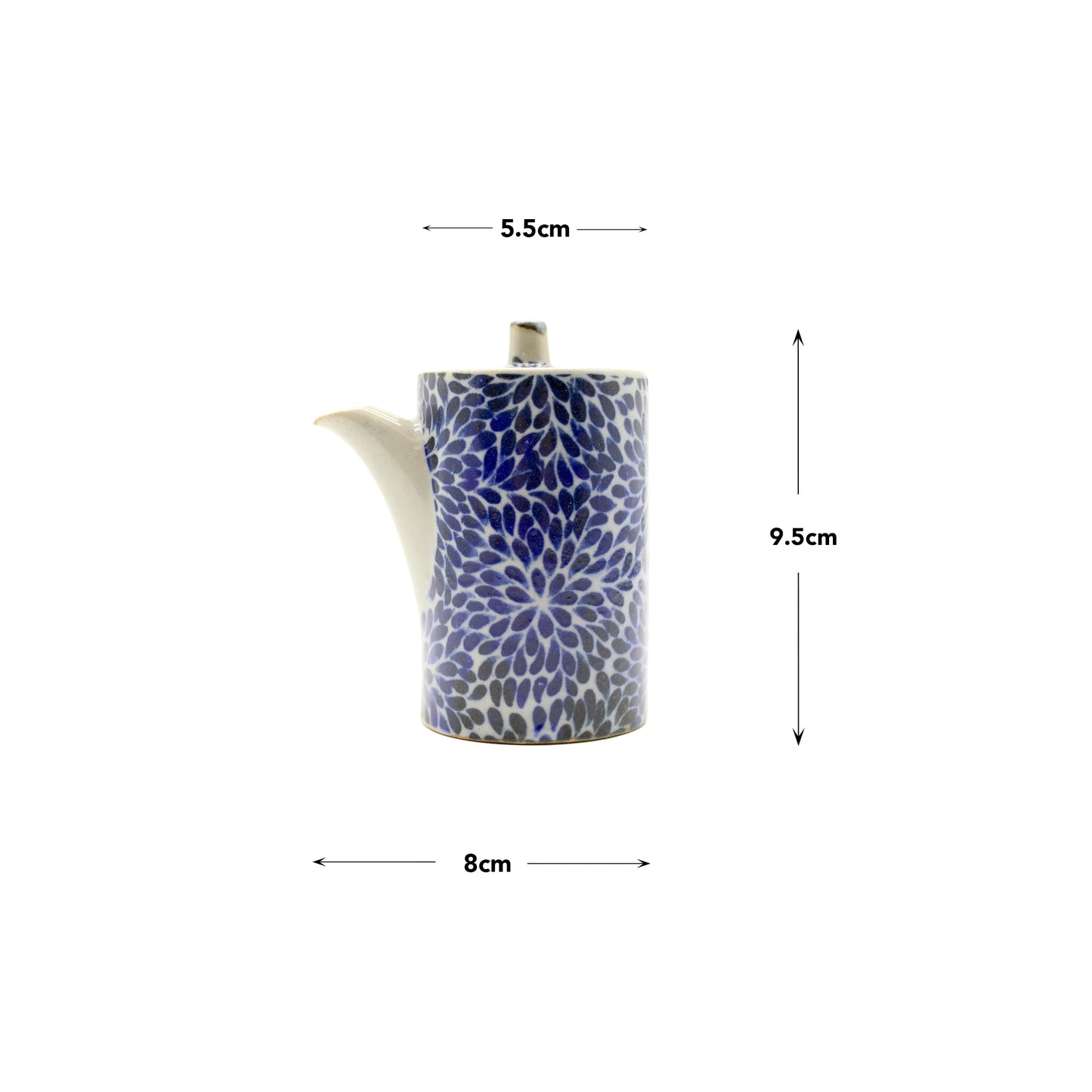 A Soy Sauce Pourer - Blue Peony - 8.5cm is shown against a white background with measurement arrows, highlighting its elegant Minoyaki porcelain design.