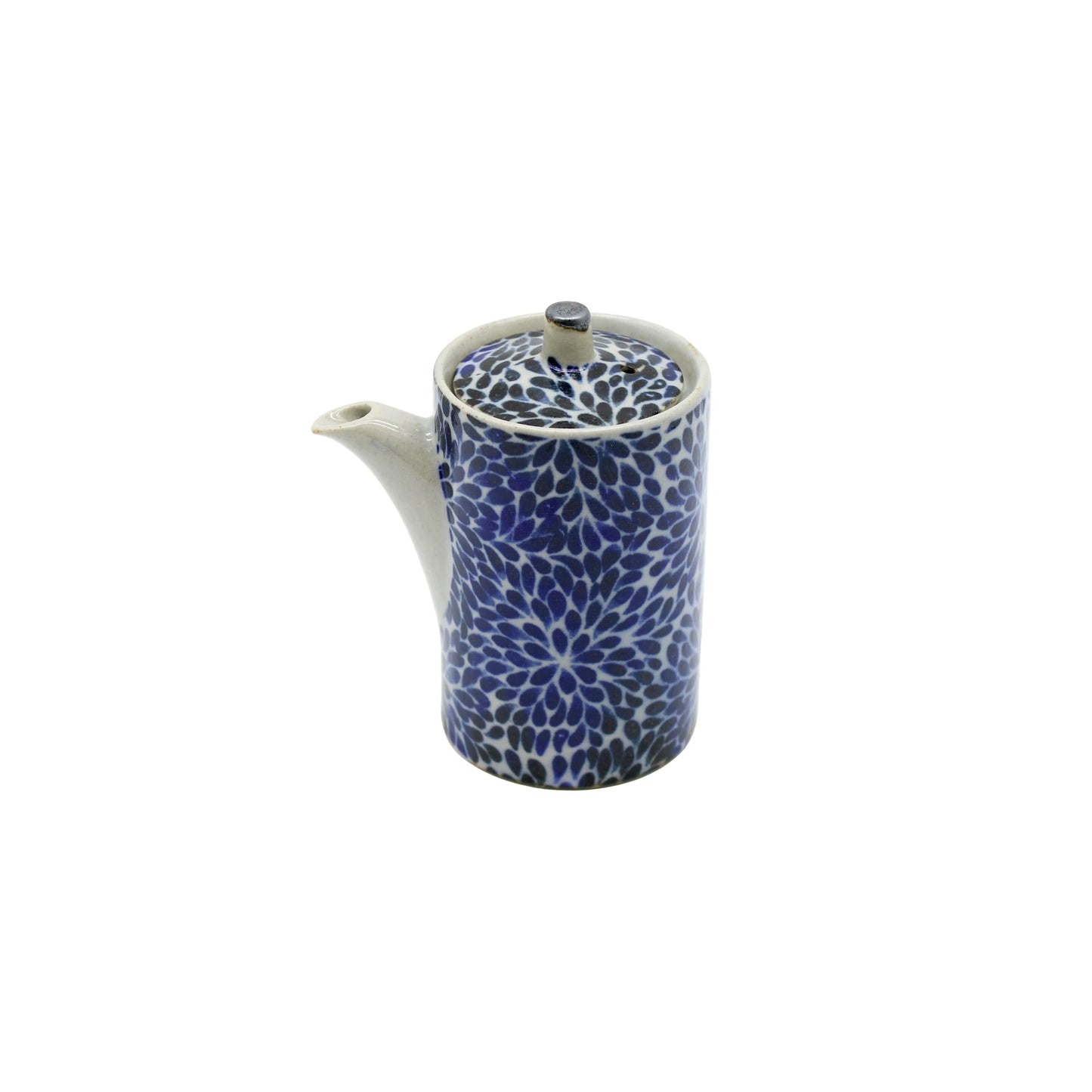 The Soy Sauce Pourer - Blue Peony - 8.5cm features a delicate blue peony design on porcelain, with a spout and handle, showcasing elegant Japanese ceramics in a compact form.