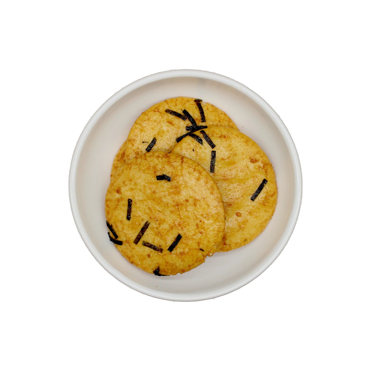 
                  
                    A white bowl holds three Japanese Rice Crackers - Soy Sauce Senbei 110g, each topped with seaweed strips, viewed from above on a white background. This savoury snack is great for any occasion.
                  
                