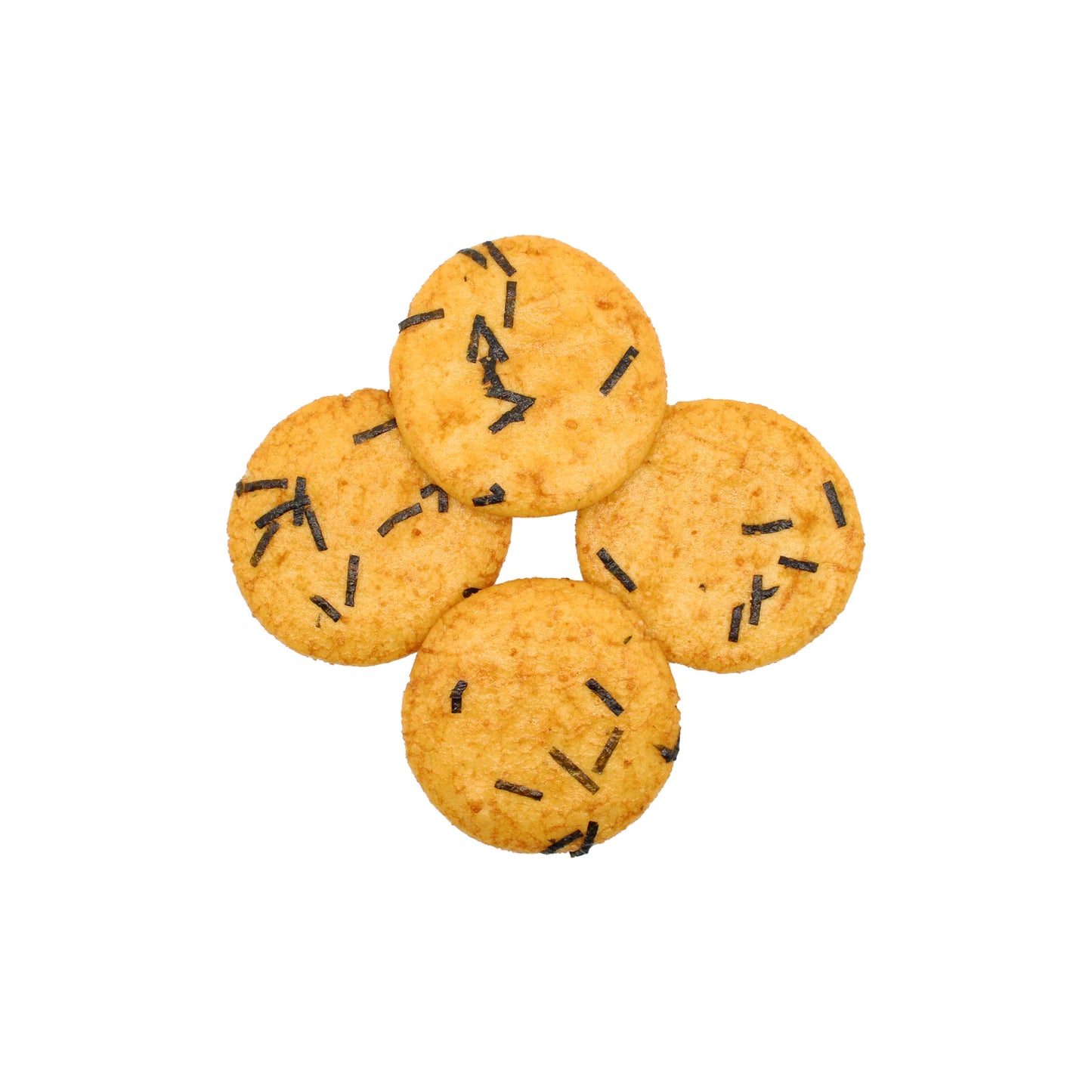 
                  
                    Four round Japanese Rice Crackers - Soy Sauce Senbei 110g are arranged in a diamond shape on a white background, offering a unique twist on the classic savory snack.
                  
                