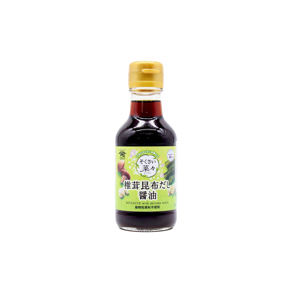 A 150ml bottle of Soy Sauce with Shiitake Mushroom featuring a yellow cap, green label with Japanese text, and images of shiitake mushrooms, soybeans, and seaweed for a rich umami flavor.