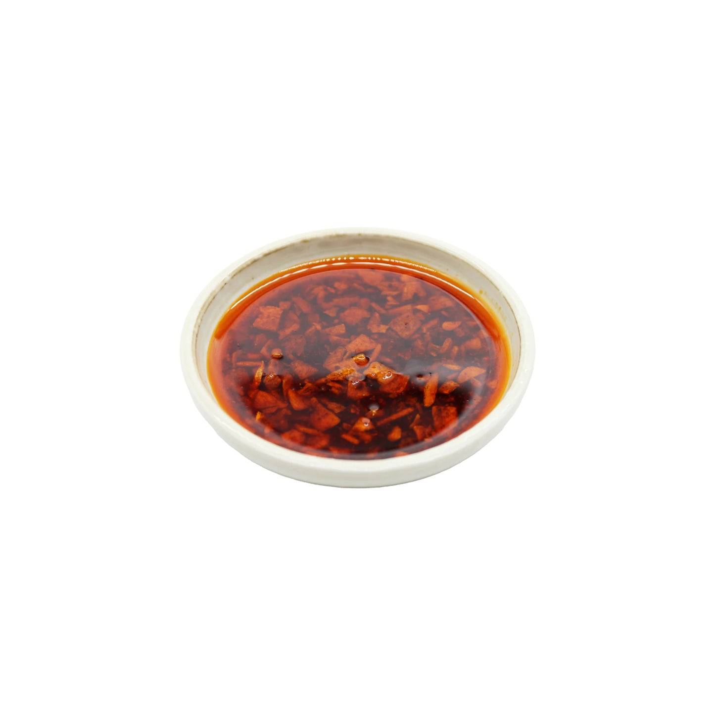 
                  
                    A small white dish filled with Momoya Taberu Mild La-Yu Chilli Oil (110g), a popular Japanese condiment, featuring visible chopped chili pieces, set against a white background.
                  
                