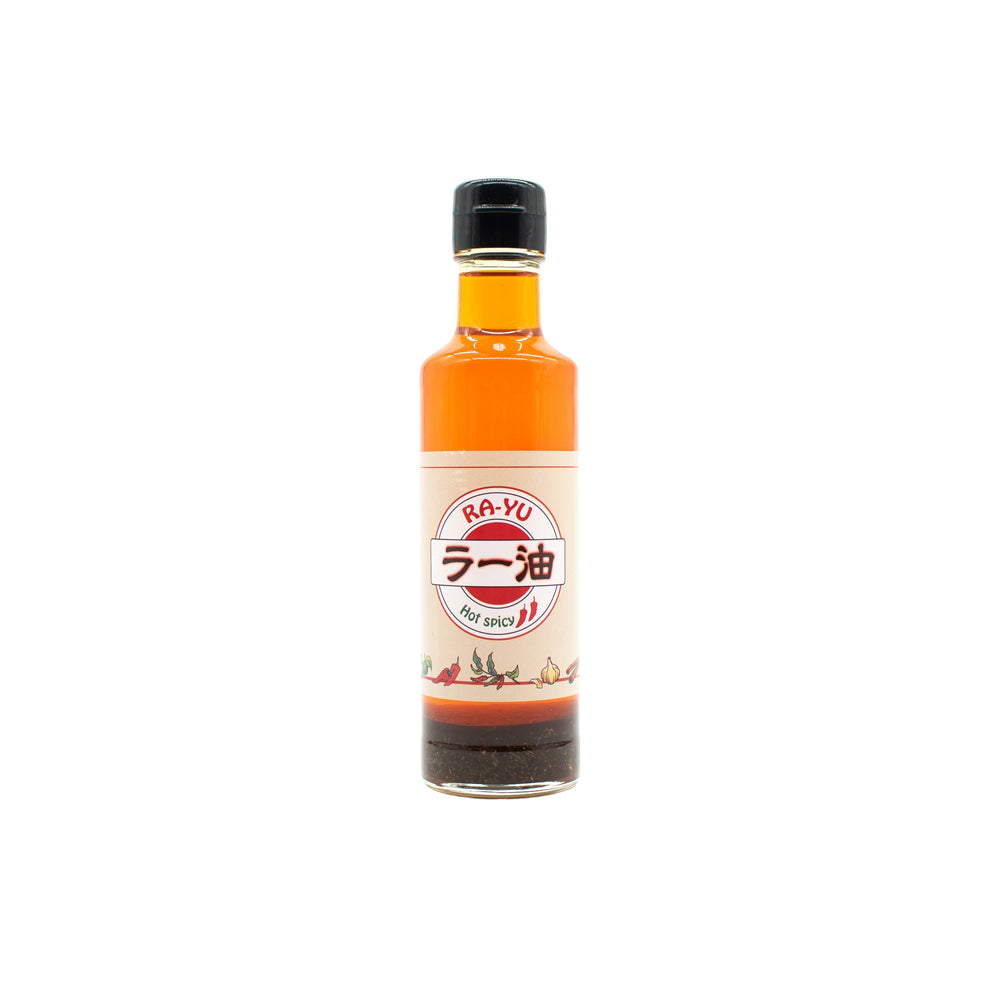 A 200g bottle of Spicy Ra-Yu Pepper Sauce with a black cap and a label showing red chilis and Japanese text. Ideal for adding authentic Japanese chili oil flavor to your dishes.