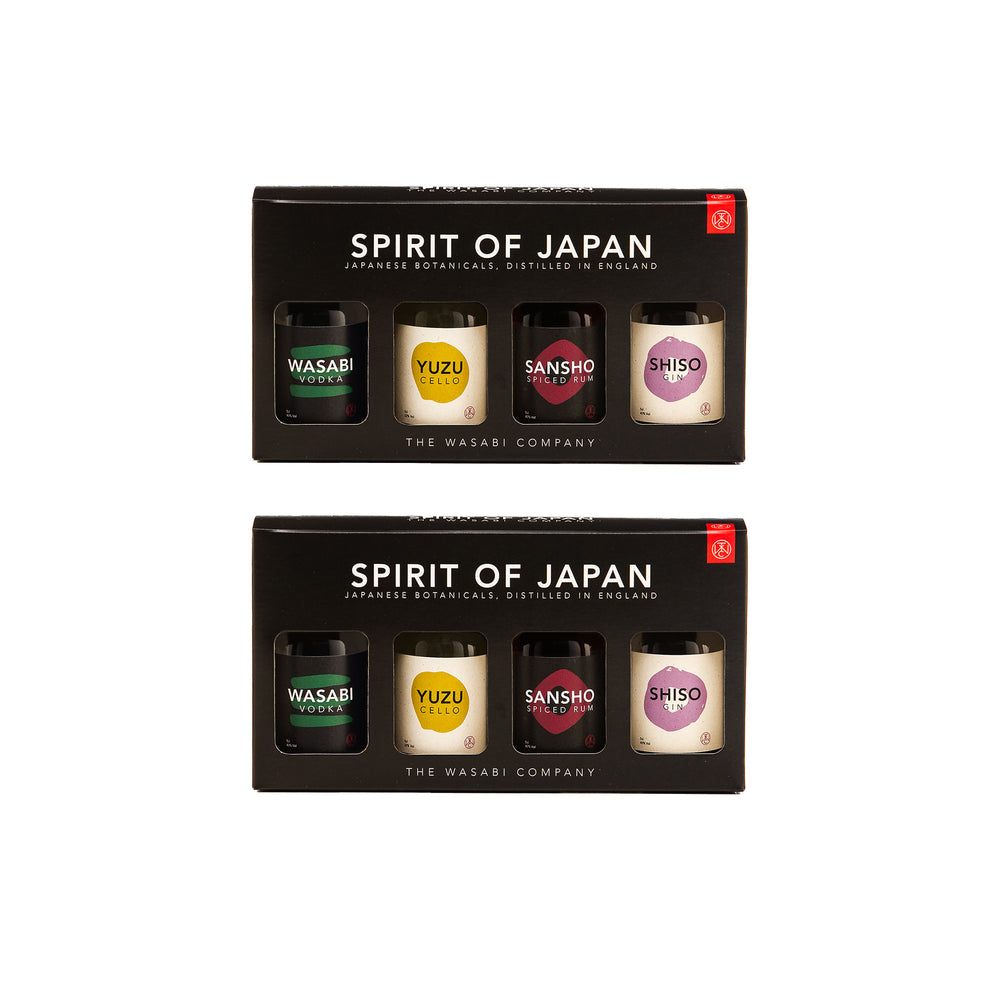 The Spirit of Japan Miniatures Double Pack includes two black gift boxes, each with four Japanese botanicals: Wasabi Vodka, Yuzu, Sansho, and Shiso Gin by The Wasabi Company.