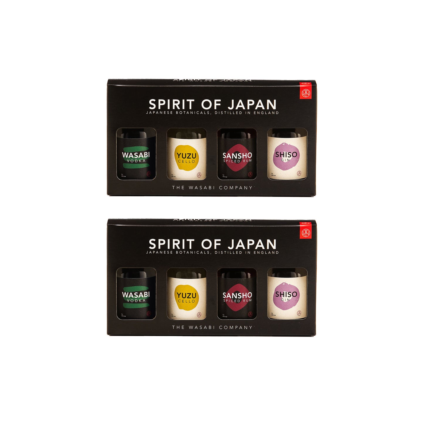 The Spirit of Japan Miniatures Double Pack includes two black gift boxes, each with four Japanese botanicals: Wasabi Vodka, Yuzu, Sansho, and Shiso Gin by The Wasabi Company.