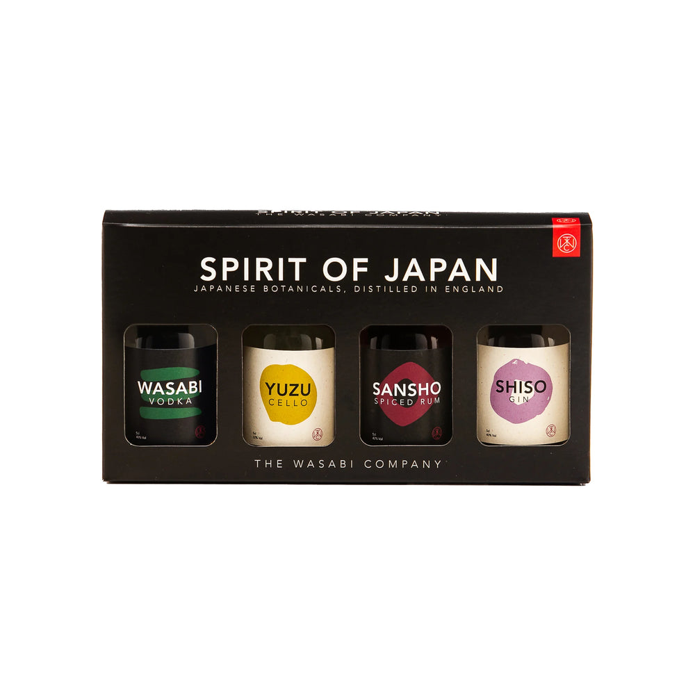 The Spirit of Japan – 4 x 5cl gift set from The Wasabi Company features Wasabi Vodka, Yuzu Cello, Sansho Spiced Rum, and Shiso Gin—distinctive Japanese craft spirits to sample and enjoy.