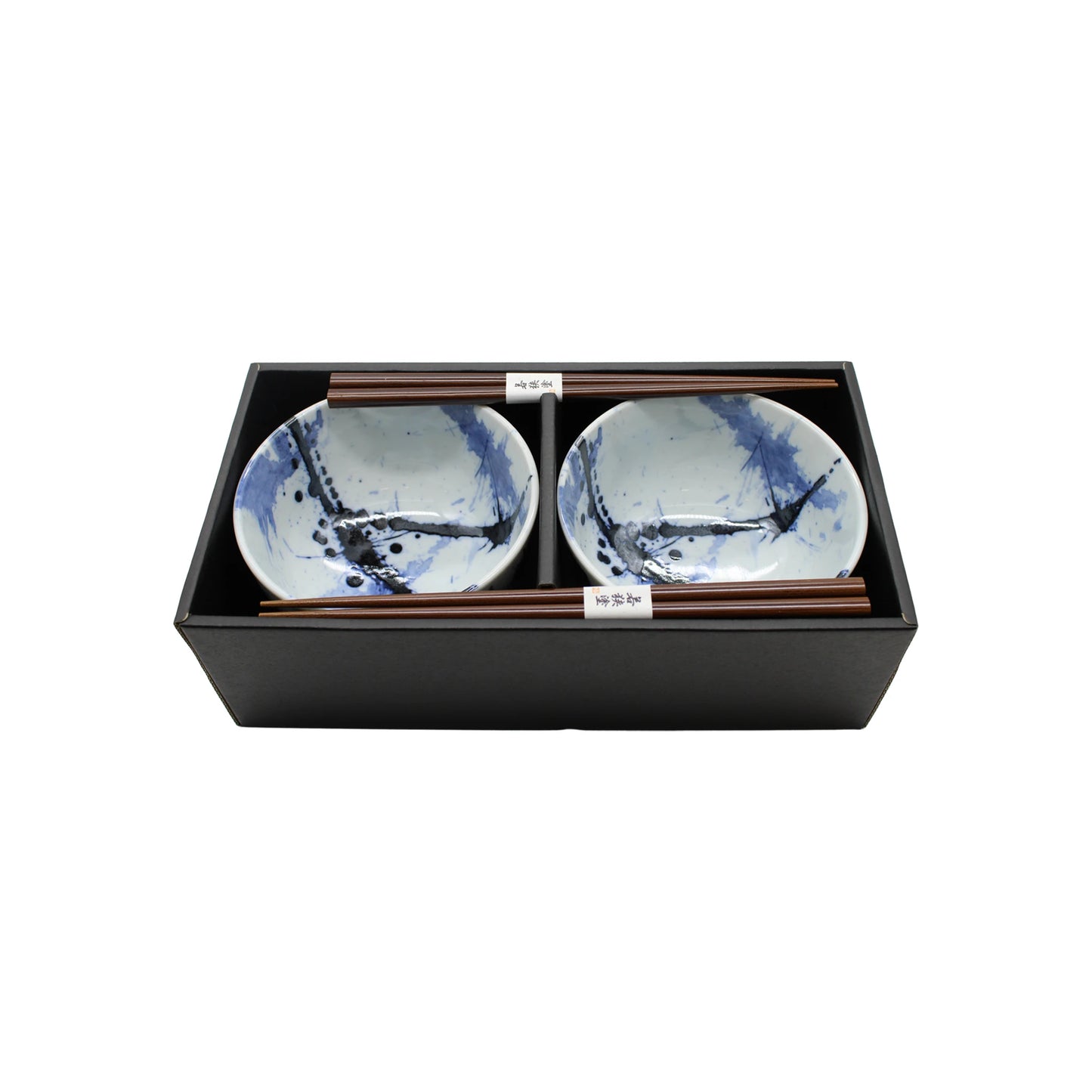 The Splash Design Bowls Boxed Set - Blue and White includes two Japanese-style ceramic bowls and two pairs of chopsticks, all presented in a black gift box.