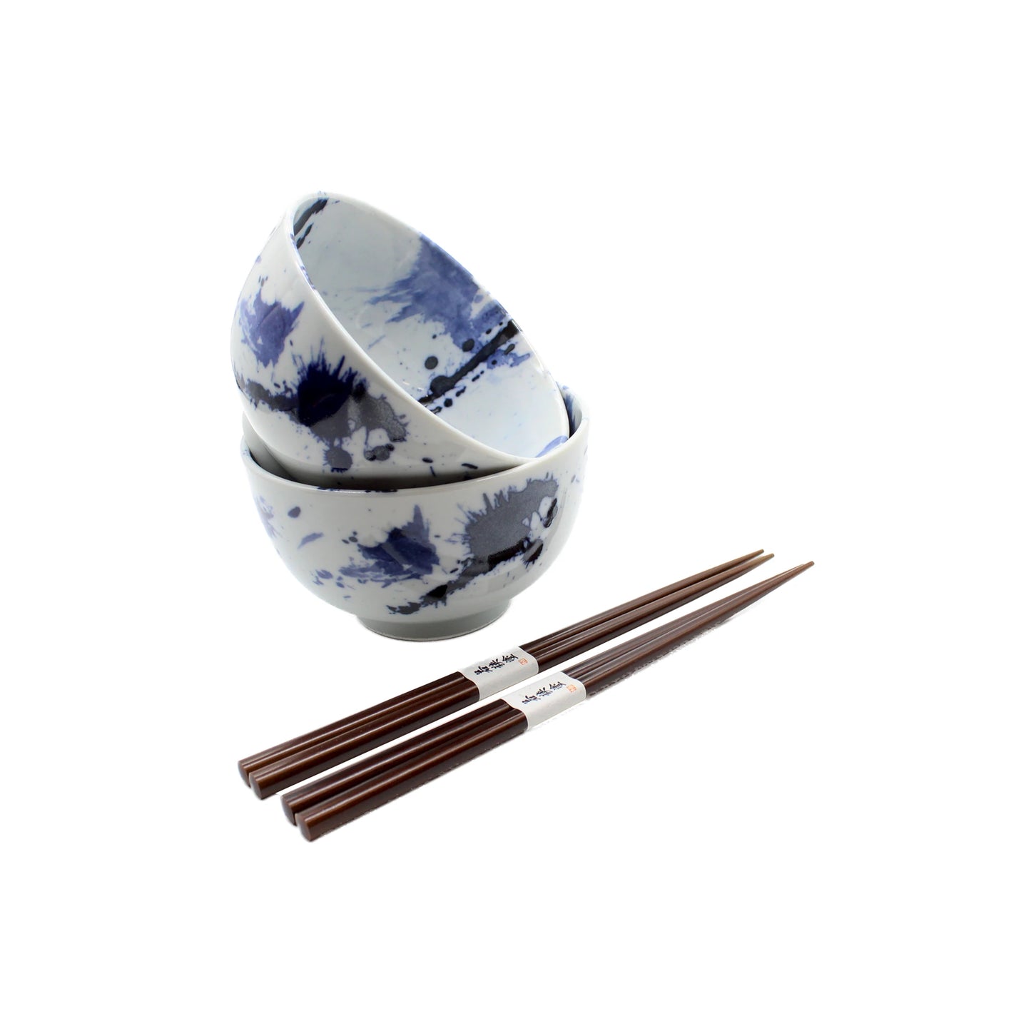 
                  
                    The Splash Design Bowls Boxed Set - Blue and White features two ceramic bowls with blue splatter patterns stacked next to two labeled wooden chopstick pairs, all displayed against a white background.
                  
                