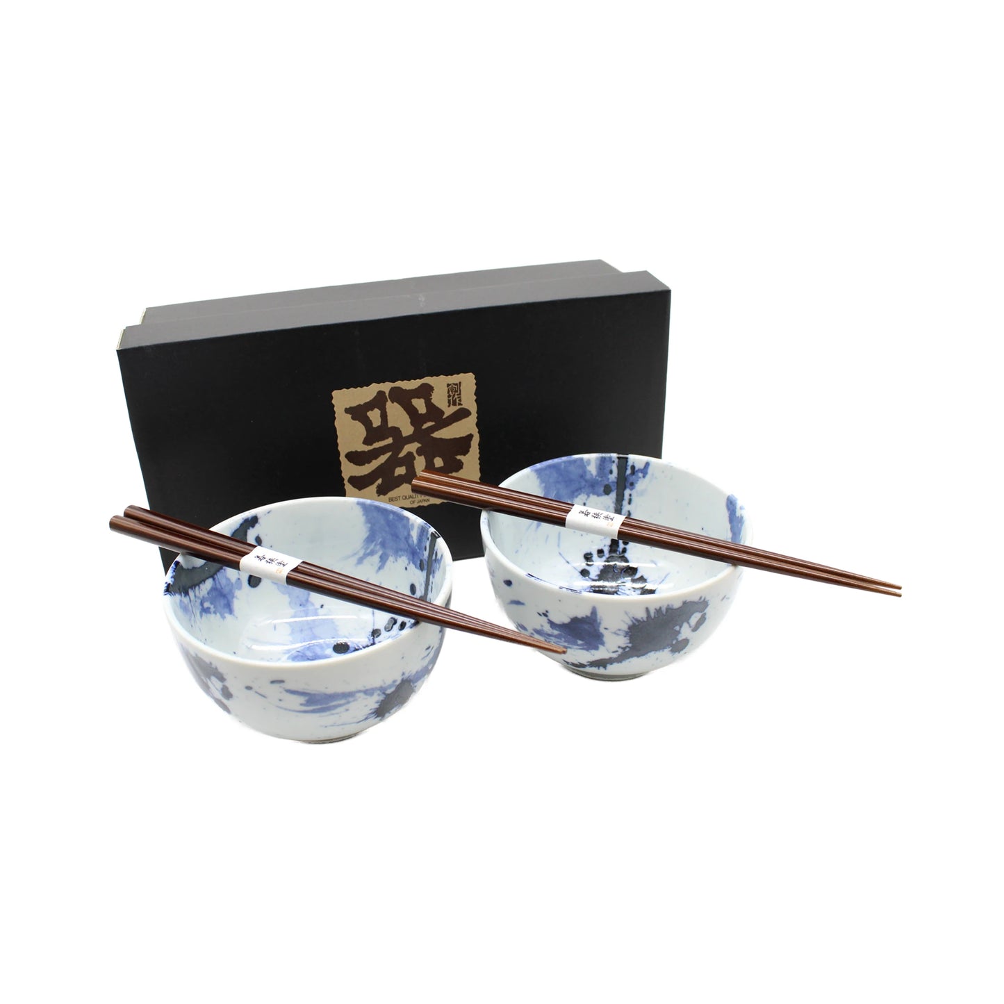 The Splash Design Bowls Boxed Set - Blue and White includes two handmade patterned bowls with chopsticks, displayed before a gift box adorned with Japanese writing and elegant design.