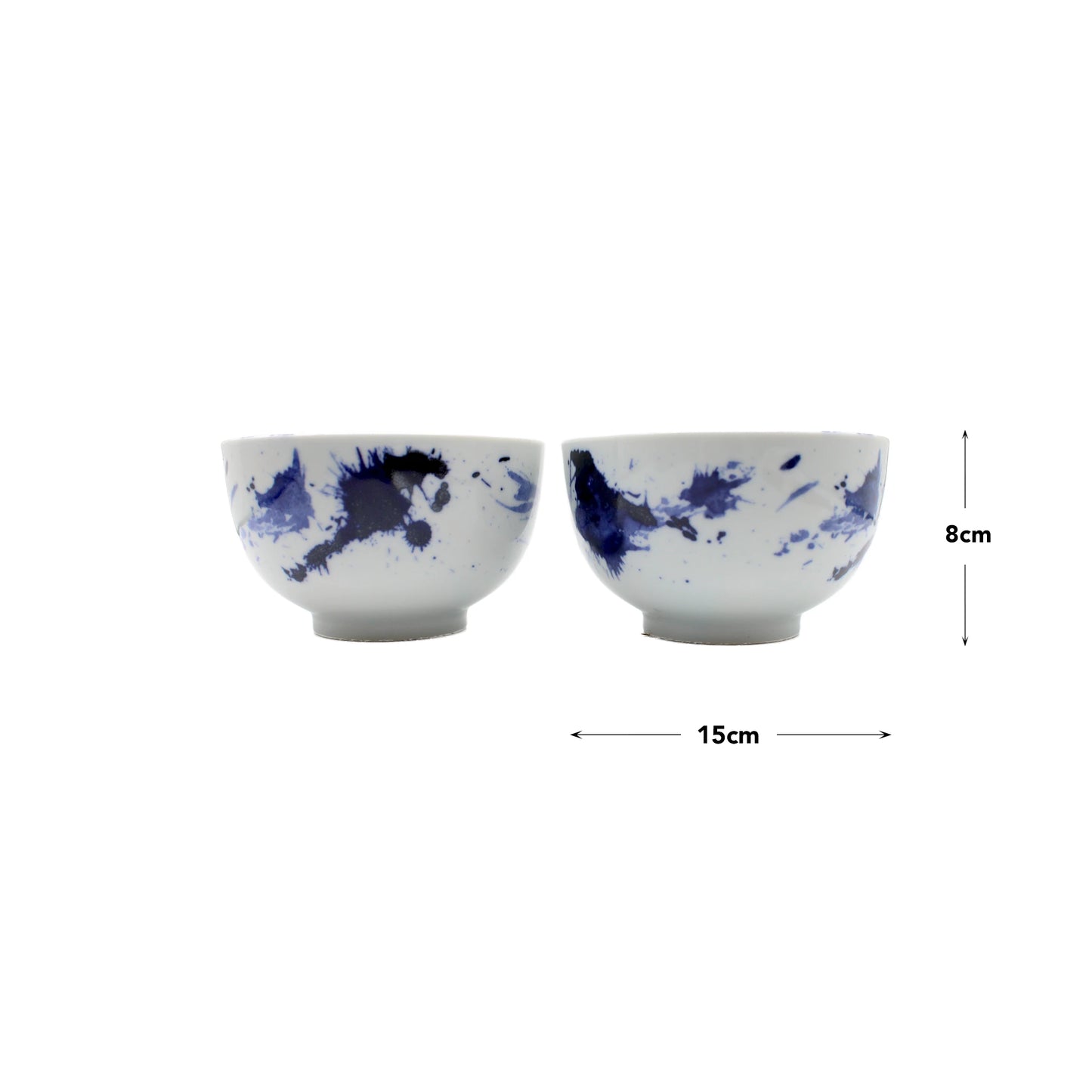 
                  
                    The Splash Design Bowls Boxed Set - Blue and White includes two handmade ceramic bowls with blue abstract splatter on white, inspired by Japanese style. Each bowl measures 8 cm high by 15 cm wide—perfect for a thoughtful gift box.
                  
                