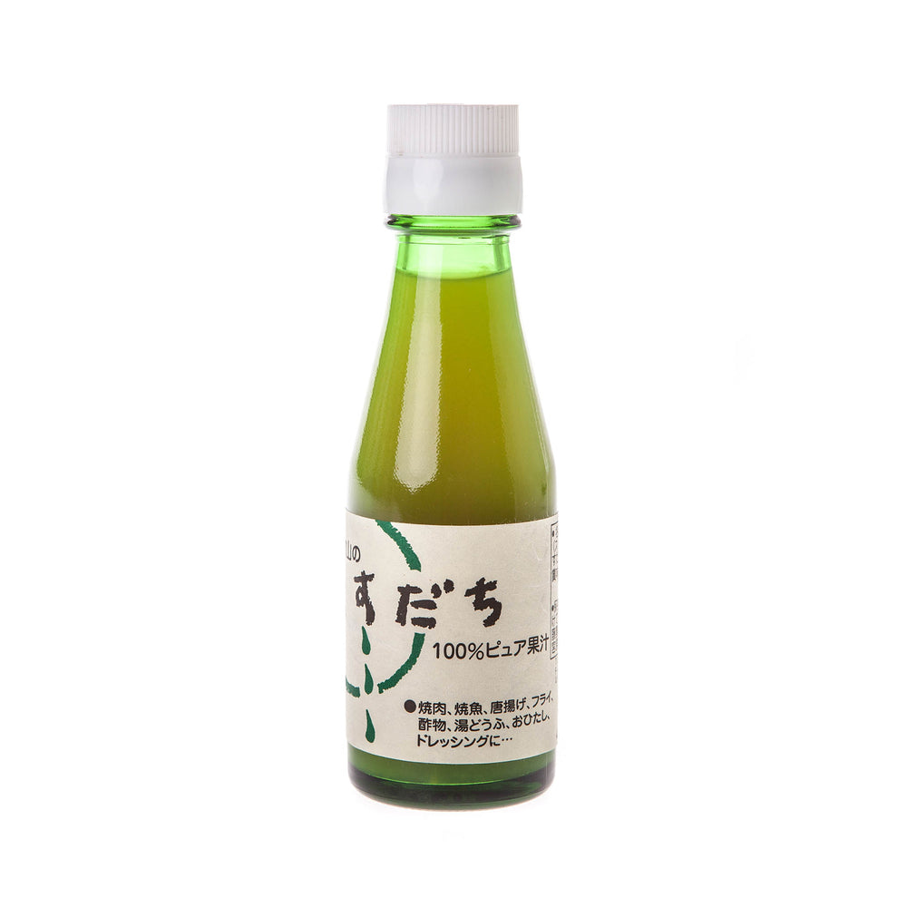 A small green glass bottle of Sudachi Juice with a white cap, filled with yellow-green 100% pure citrus juice and Japanese labeling—ideal for cocktails or adding a zesty twist to drinks.