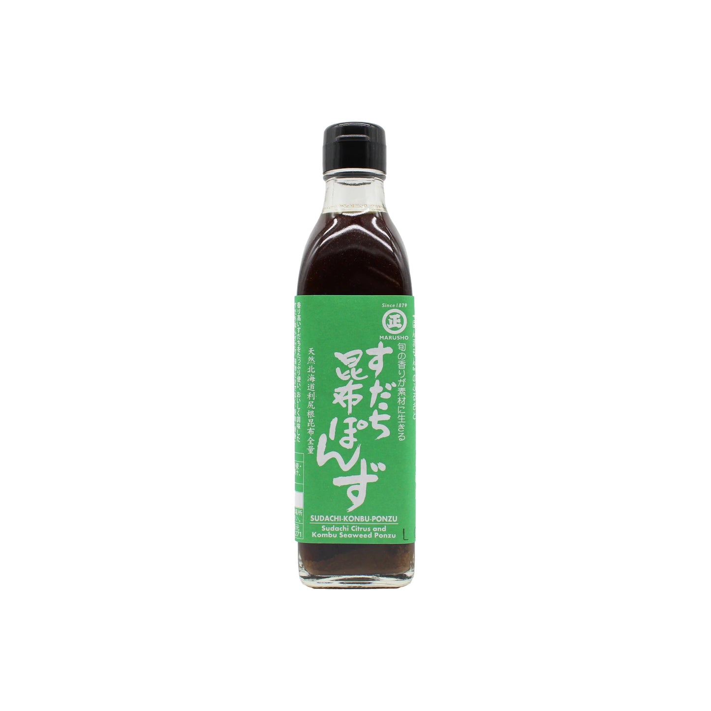 A bottle of Sudachi Kombu Ponzu Sauce with a green label, black cap, and white Japanese text features bold English "Sudachi Kombu Ponzu," showcasing the unique sudachi ponzu flavor and rich kombu umami.