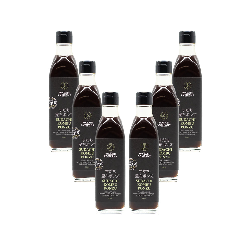 
                  
                    Six bottles of Sudachi Kombu Ponzu - 300ml are arranged in a V shape against a white background, showcasing this delicious vegan ponzu sauce for your kitchen.
                  
                