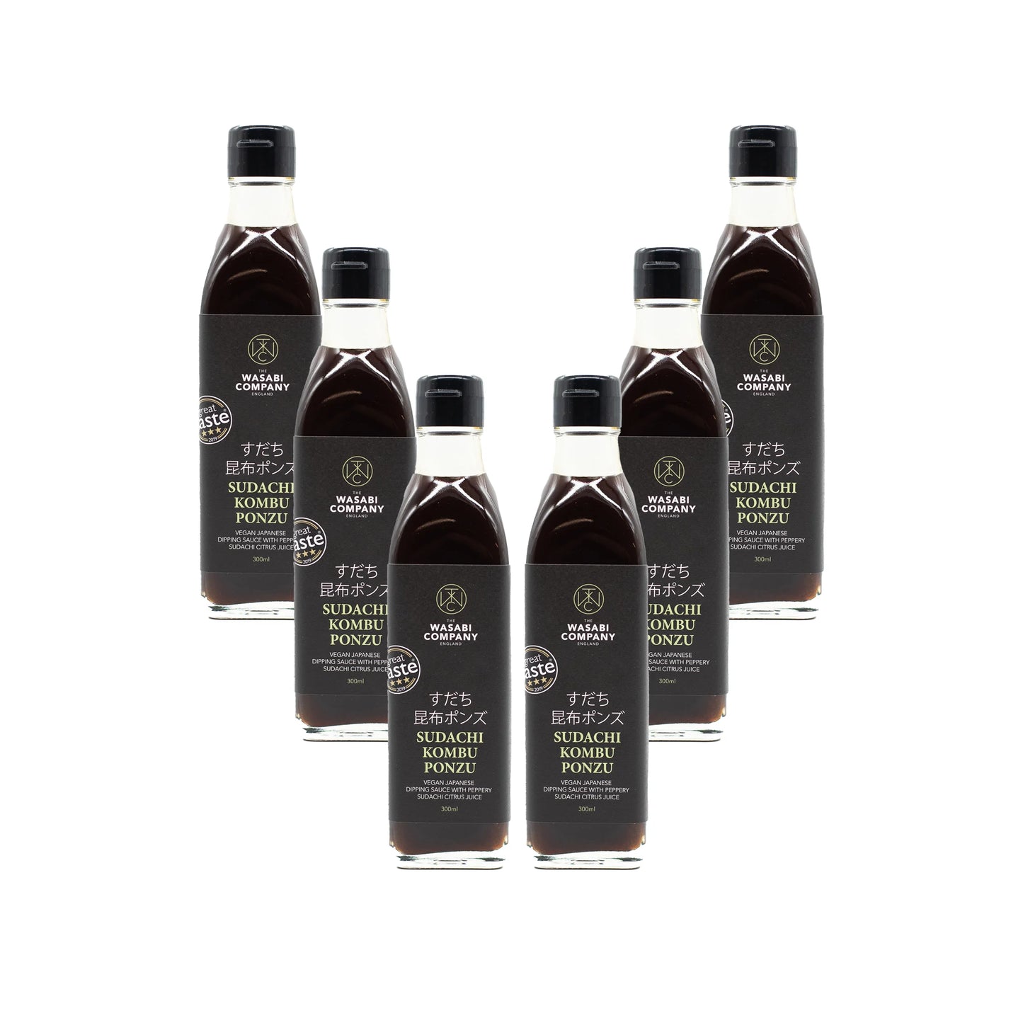 
                  
                    Six bottles of Sudachi Kombu Ponzu - 300ml are arranged in a V shape against a white background, showcasing this delicious vegan ponzu sauce for your kitchen.
                  
                