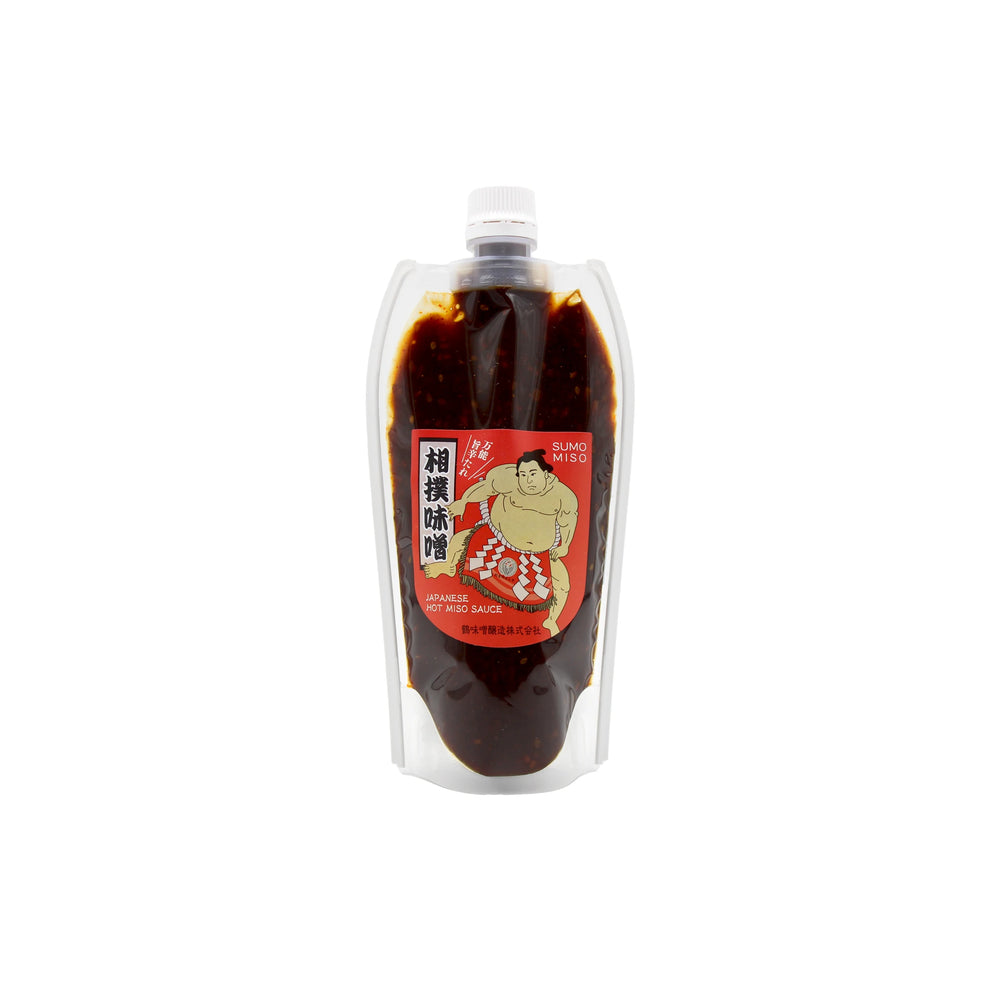 Sumo Spicy Miso Sauce - 360g comes in a stand-up pouch with a red label and sumo wrestler illustration, offering bold umami flavor.