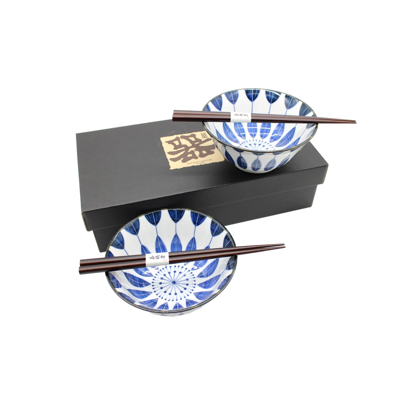 
                  
                    The Sunflower Design Bowls Boxed Set - White & Blue includes two handmade bowls with Japanese style, paired with chopsticks on top, all displayed on a black box with a gold label.
                  
                