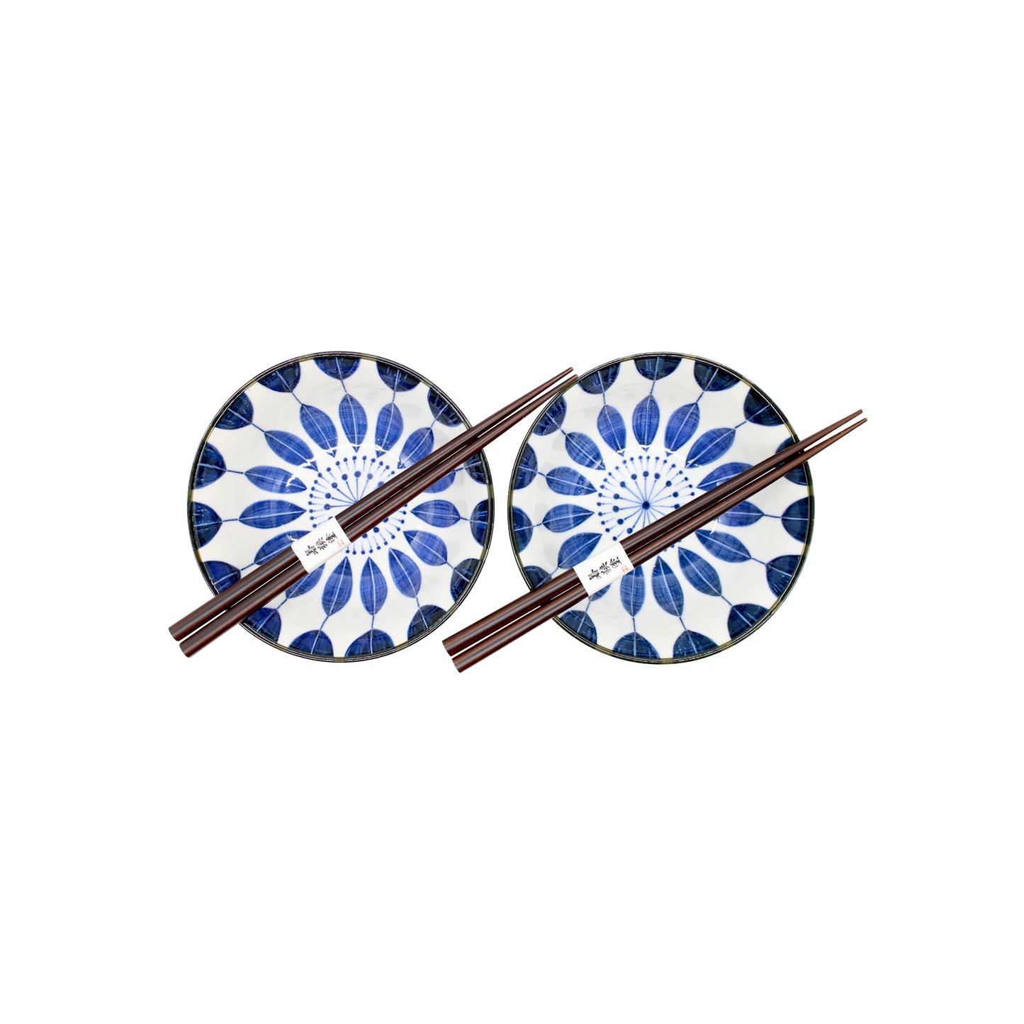 
                  
                    Two Sunflower Design Bowls in white & blue, inspired by Japanese style, each paired with a set of dark wooden chopsticks, arranged side by side on a white background.
                  
                