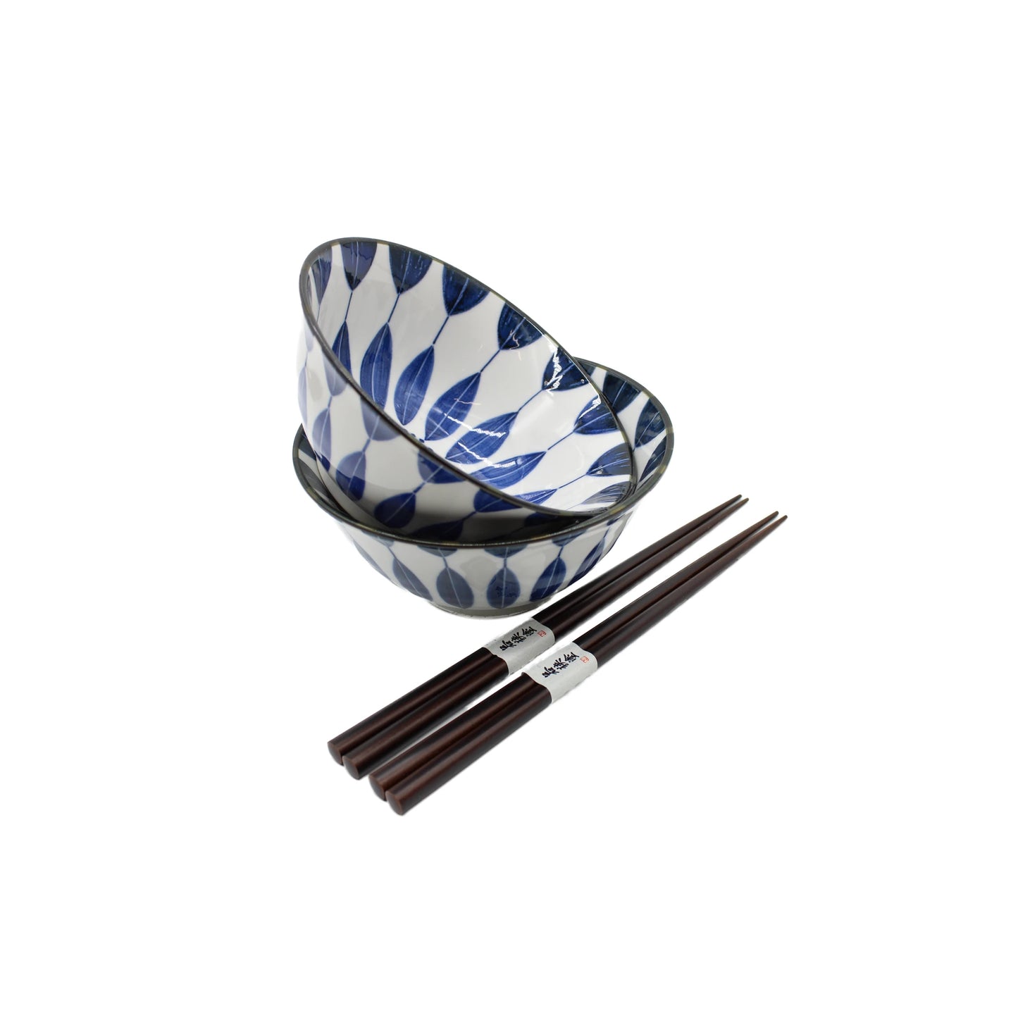 
                  
                    Two Sunflower Design Bowls in white and blue are stacked together next to two pairs of dark wooden chopsticks, all displayed on a white background.
                  
                