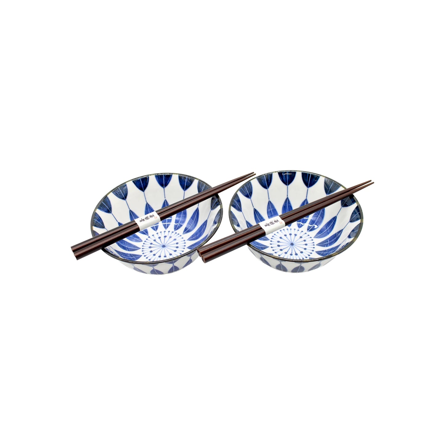 
                  
                    Two Sunflower Design Bowls in white and blue, each paired with dark brown chopsticks, display elegant Japanese style against a white background. Boxed set.
                  
                