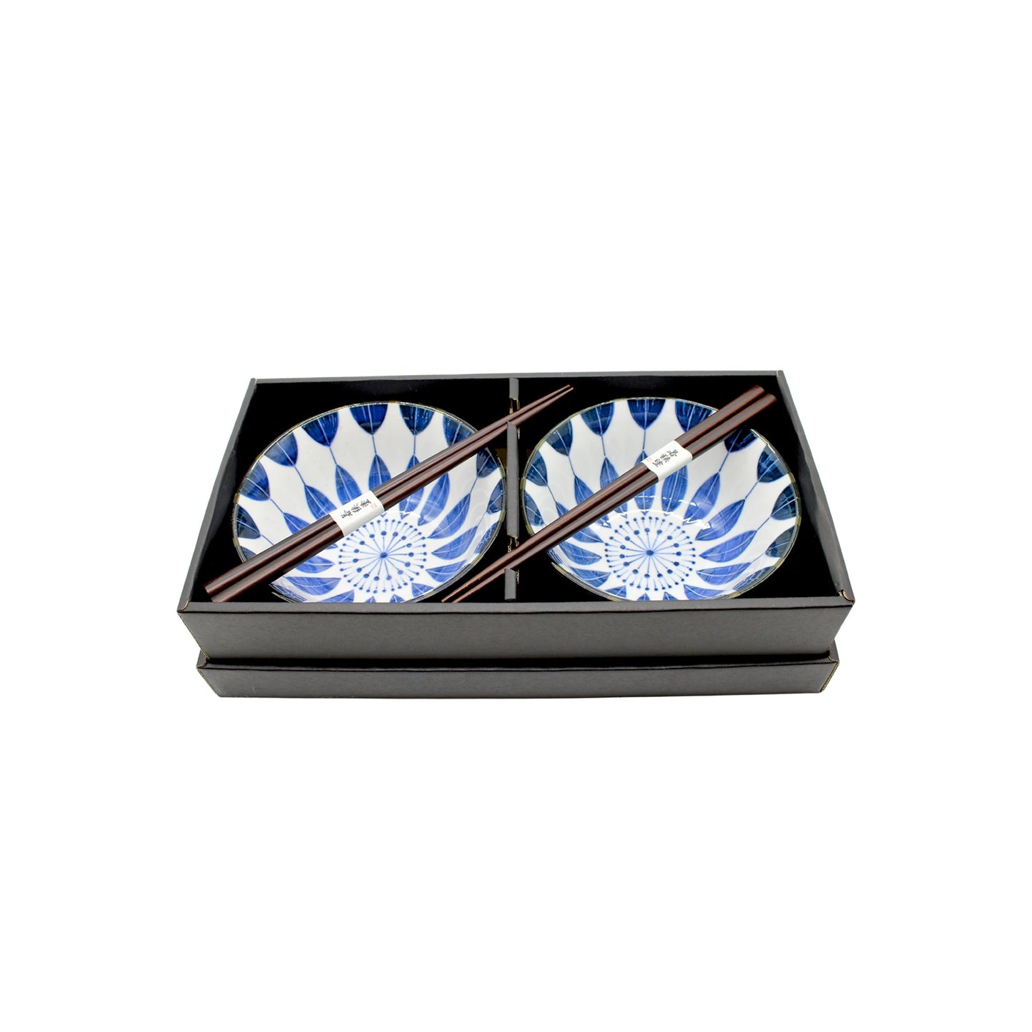 
                  
                    The Sunflower Design Bowls Boxed Set - White & Blue features two handmade blue and white bowls with subtle sunflower designs and two pairs of brown chopsticks, all elegantly arranged in a black box.
                  
                