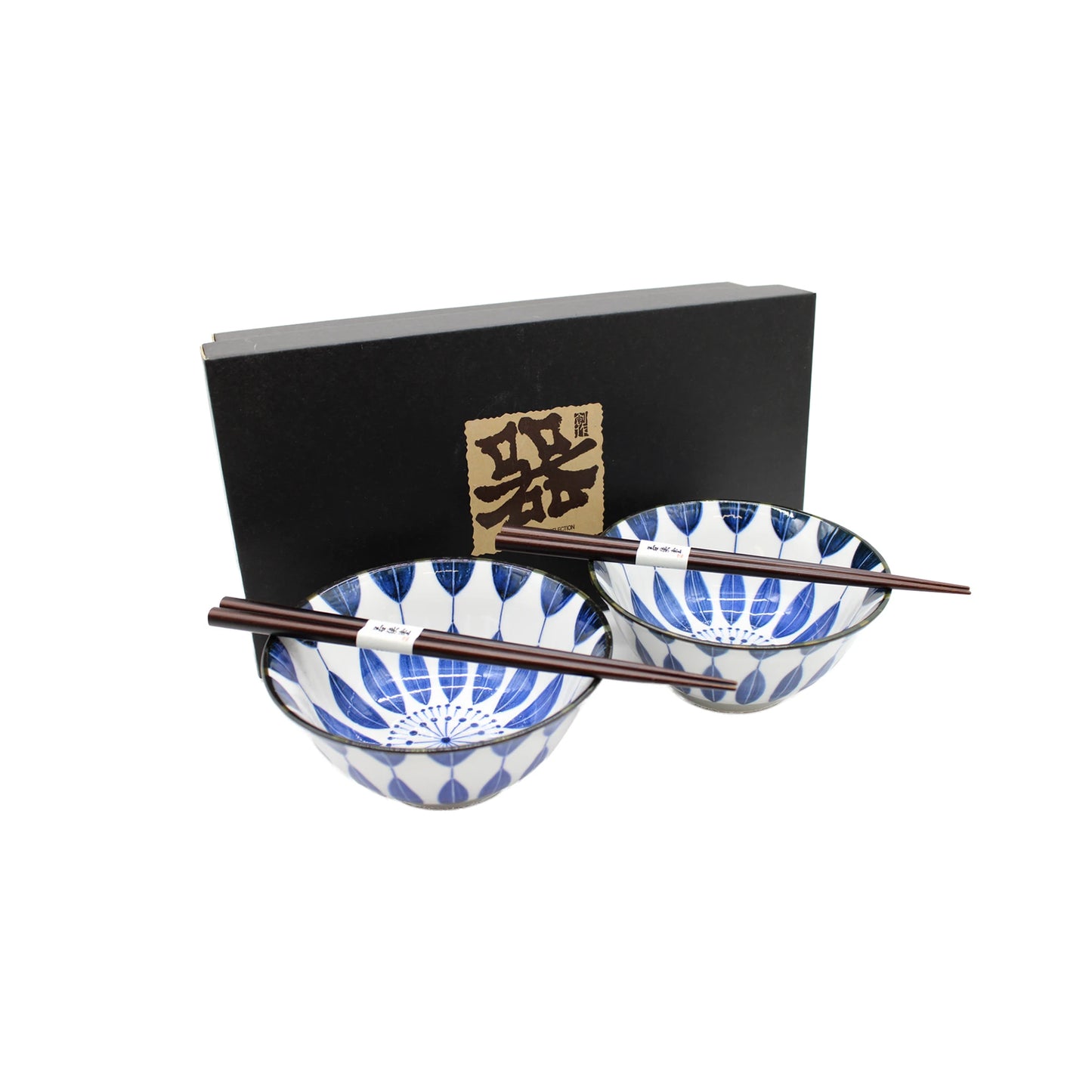 Two white and blue Sunflower Design Bowls come with wooden chopsticks, arranged before a black box featuring a gold and black label, highlighting their elegant Japanese-inspired design.