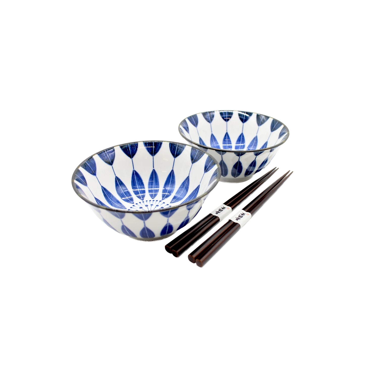 The Sunflower Design Bowls Boxed Set - White & Blue includes two handmade bowls with blue sunflower patterns in a Japanese style, paired with two sets of wooden chopsticks, all beautifully displayed on a white background.