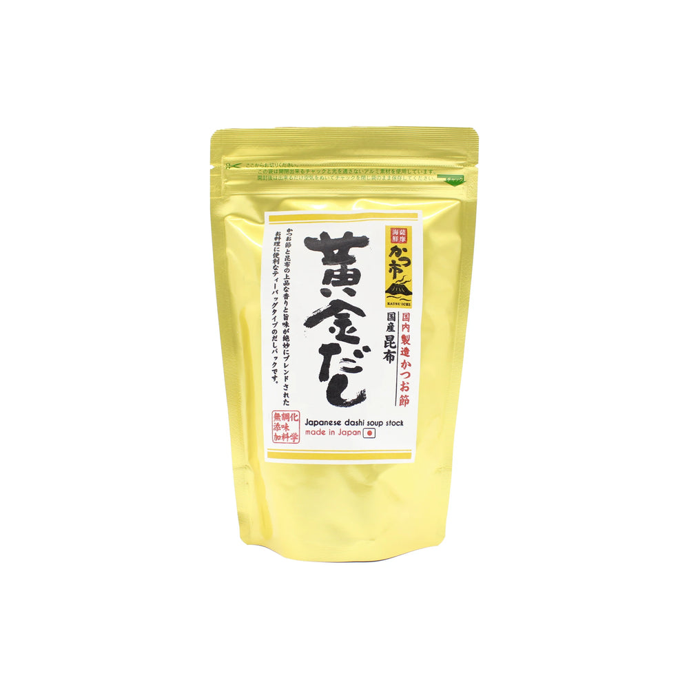 A yellow resealable bag labeled Superior Dashi Sachets from Makurazaki - 10 x 8g features Japanese text and a small English label, offering rich umami and classic bonito flavor in authentic Japanese soup stock.
