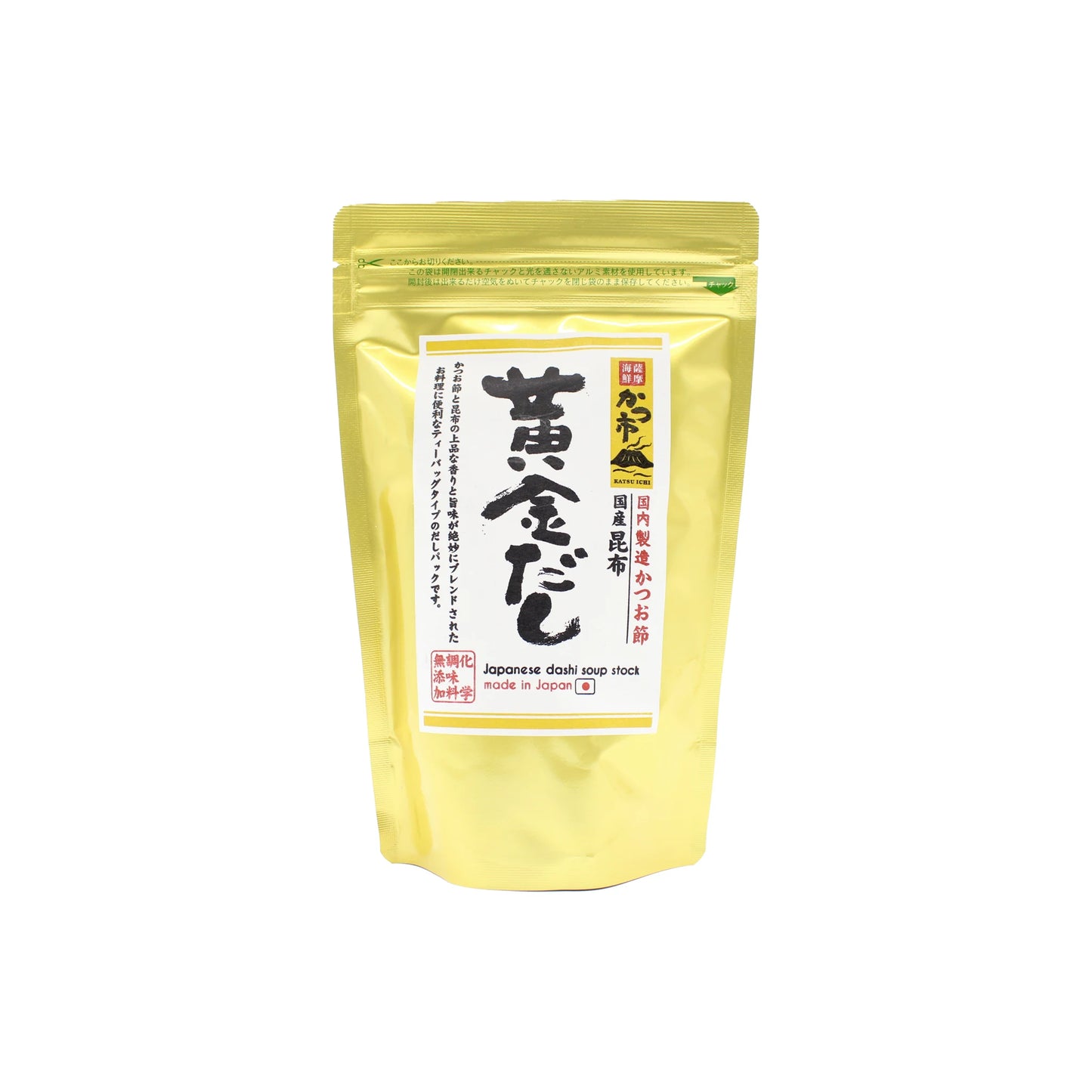 A yellow resealable bag labeled Superior Dashi Sachets from Makurazaki - 10 x 8g features Japanese text and a small English label, offering rich umami and classic bonito flavor in authentic Japanese soup stock.