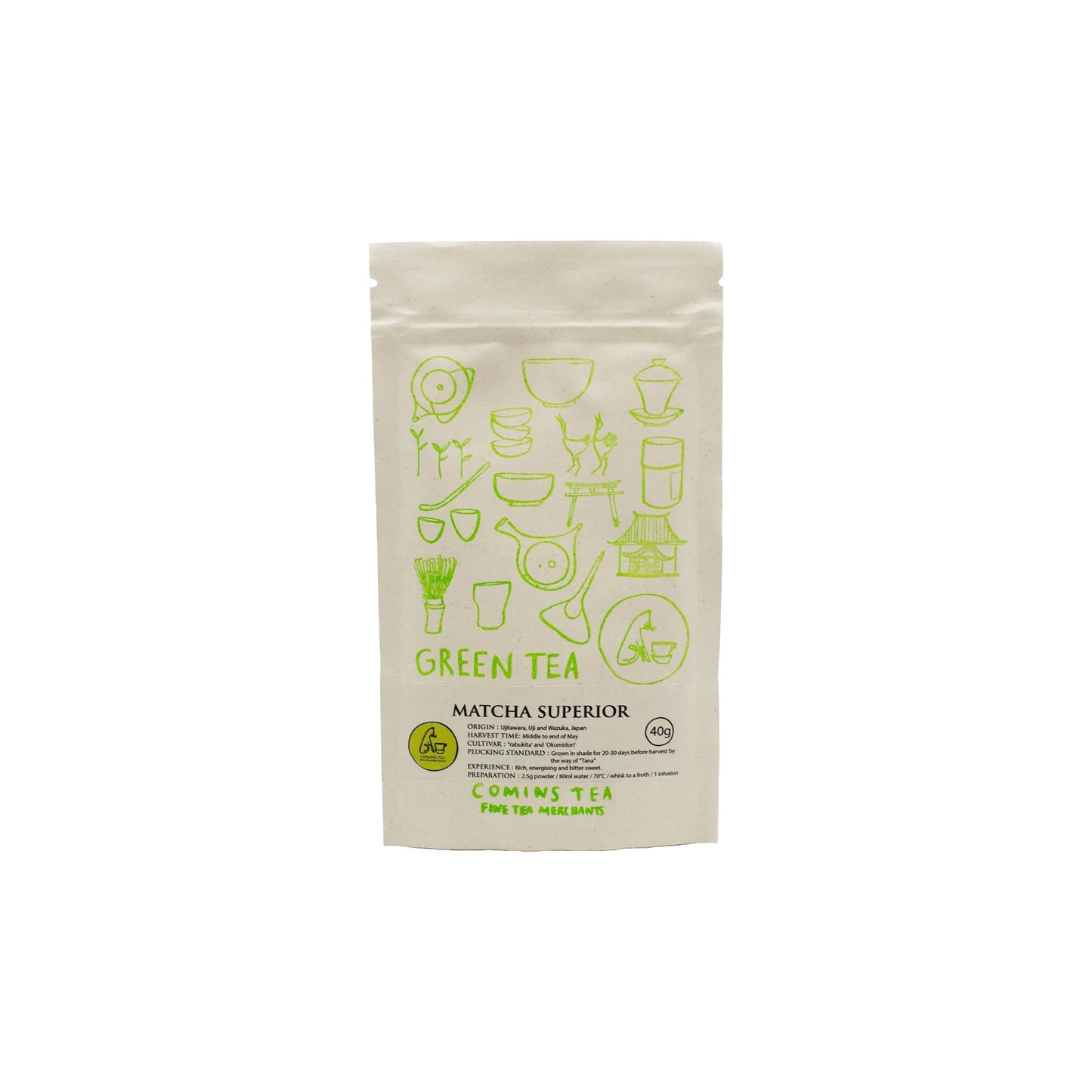 A white pouch labeled Matcha Superior Tea - 40g, decorated with green tea-themed icons and the Comins Tea For Tea Adventures text, is pictured on a plain background—ideal for those seeking energizing, finely milled matcha.