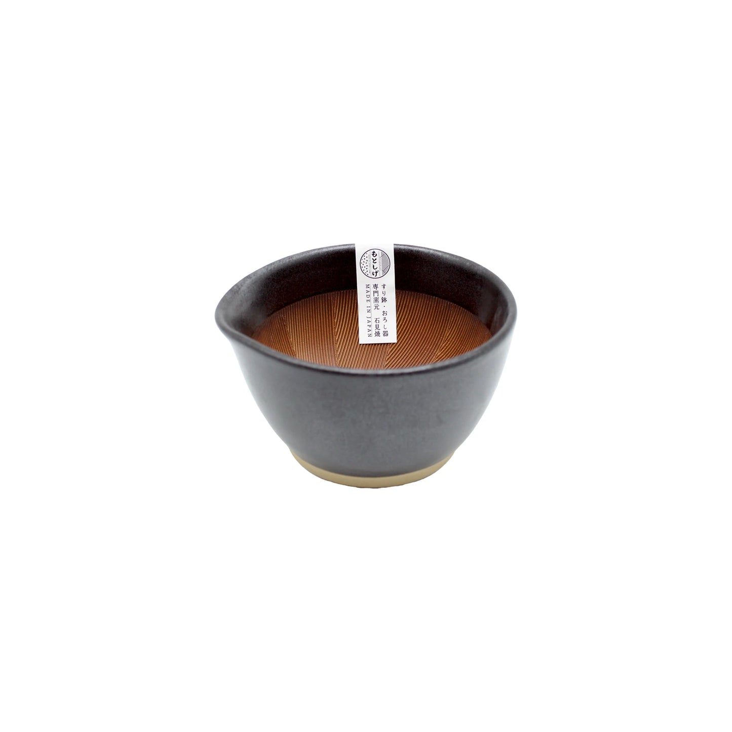 
                  
                    The Suribachi Motoshige Pestle & Mortar - Black features a black ceramic exterior and ridged brown interior with Japanese labeling, perfect for grinding sesame seeds and spices in traditional style. Shown on a white background.
                  
                